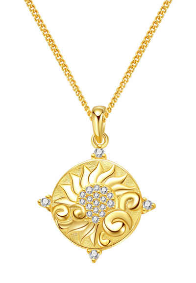 Hey Happiness Statementkette Gravur Energy, Halskette Silber 925 Sonne mit Bedeutung, Damenkette Anhänger Platte Sonnenblume Zirkonia, 18K vergoldet