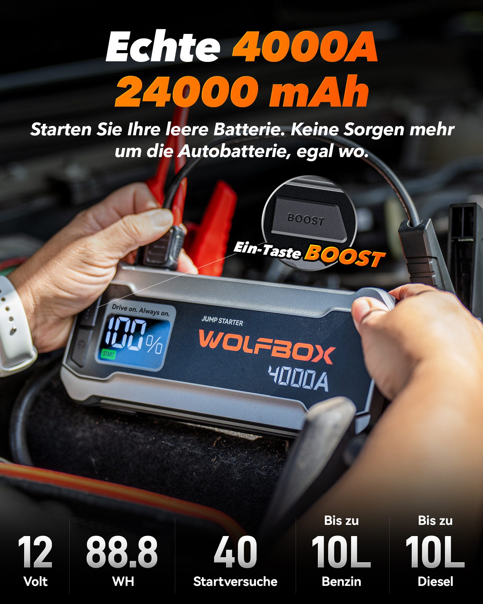 WOLFBOX 12V 3000A Starthilfe (unterstützt bis zu 8L Benzin oder 6L Diesel) Starthilfegerät (12 V, 1 St), mit Booster und LED-Taschenlampe
