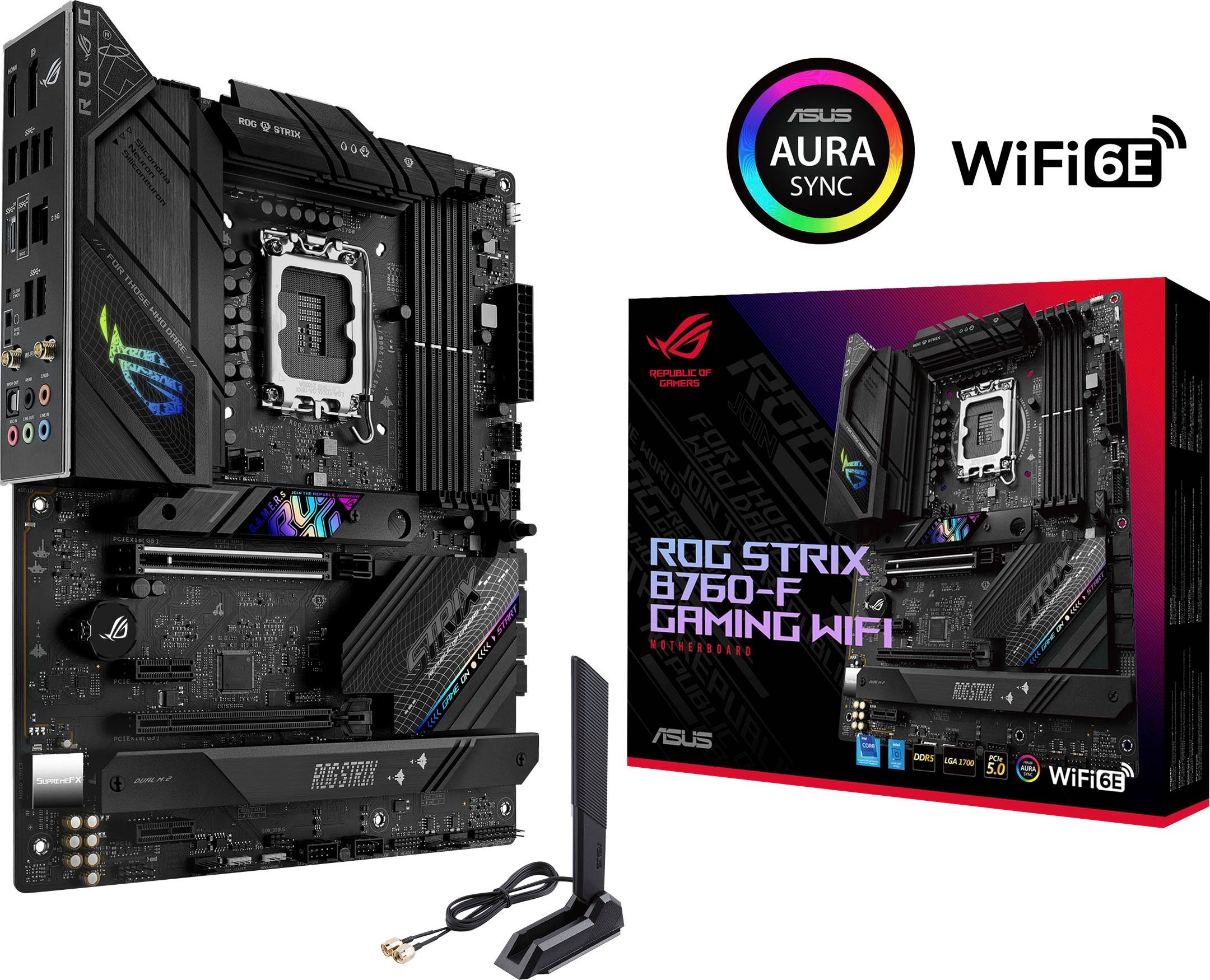 Asus ROG STRIX B760-F GAMING WIFI Mainboard, DDR5 Speicher, PCIe 5.0, WiFi 6E, 3x PCIe 4.0 M.2, Aura Sync