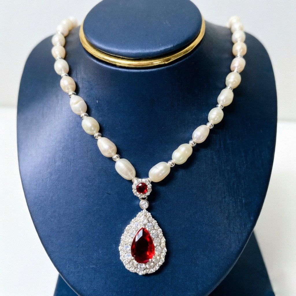 BBG Perlenkette Perlenkette Damen mit Anhänger, Süßwasserzuchtperlen und Zirkonia, BBG-Pearl-Necklace-Silver-Teardrop-Necklace-Green