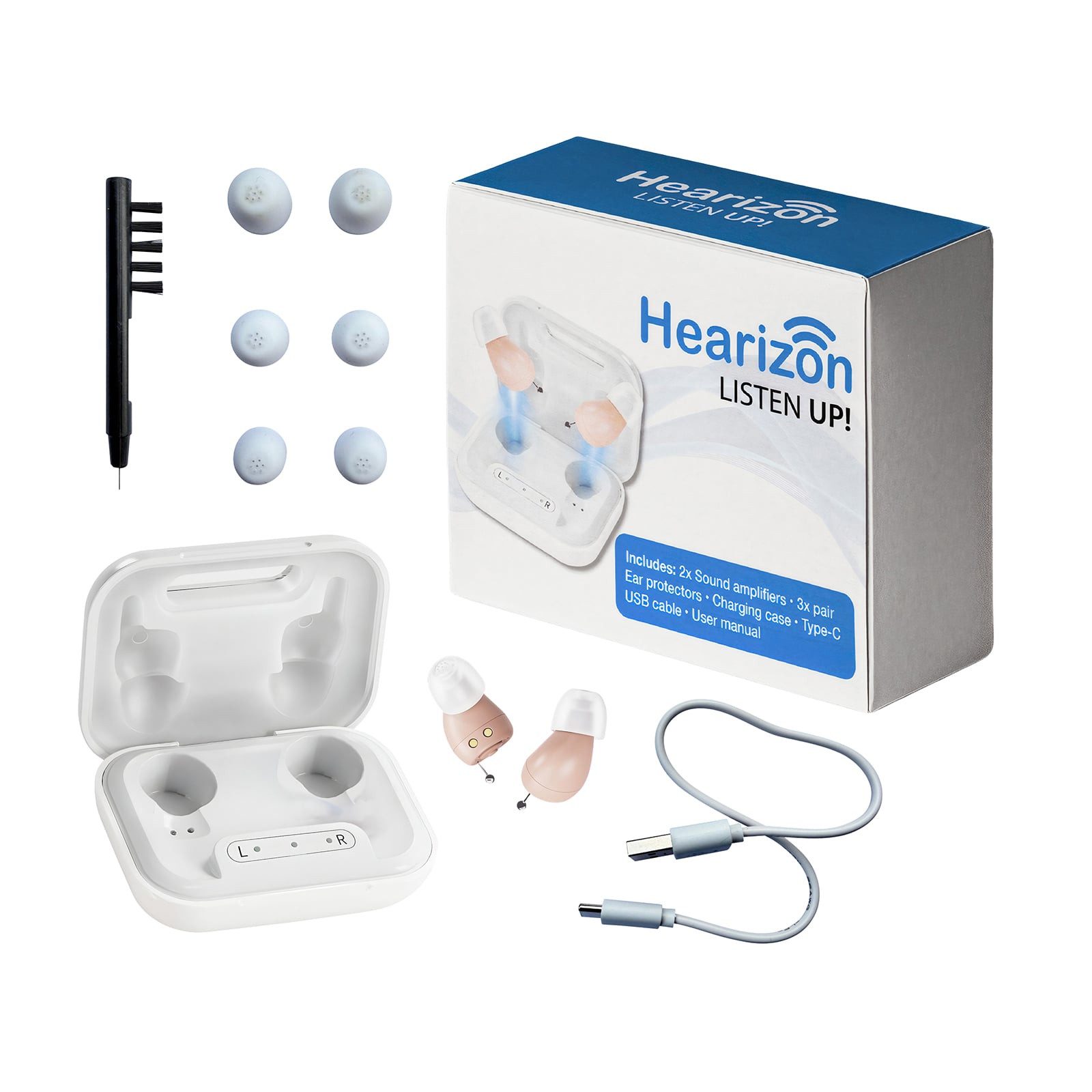 Genius Hörverstärker Hearizon Set 11-tlg., Sprachverstärker für Senioren, In-Ear Design, 2 Modi, 5 Lautstärkestufen, bis 14 Std. Laufzeit, intuitive Bedienung