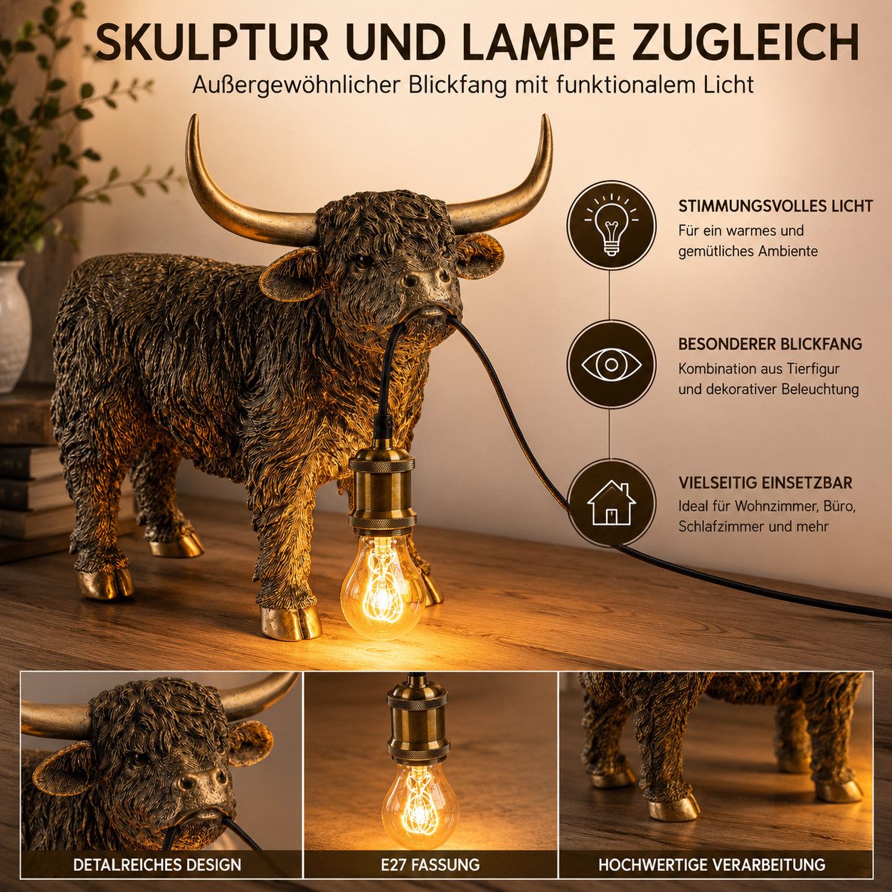 formano Tischleuchte Hochlandrind Lampe Stimmungslampe Antik-Goldfarben Ambientbeleuchtung, Ohne Leuchtmittel