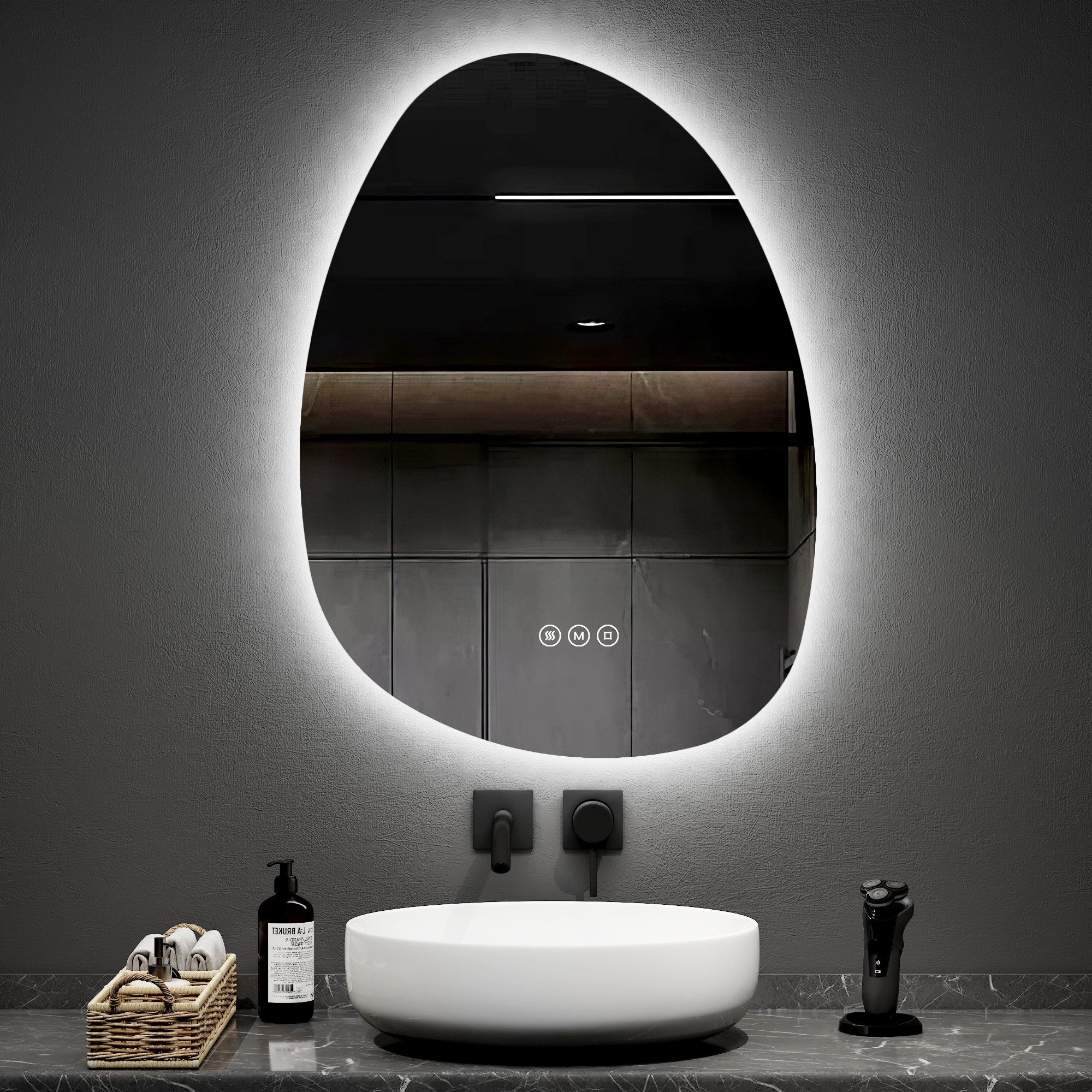 EMKE Badspiegel LED Badezimmerspiegel Asymmetrisch mit Beleuchtung und 3 Lichtfarben (Kieselsteinform), Memory-Funktion, einstellbare Helligkeit Antibeschlag IP44, 55 x 75 cm