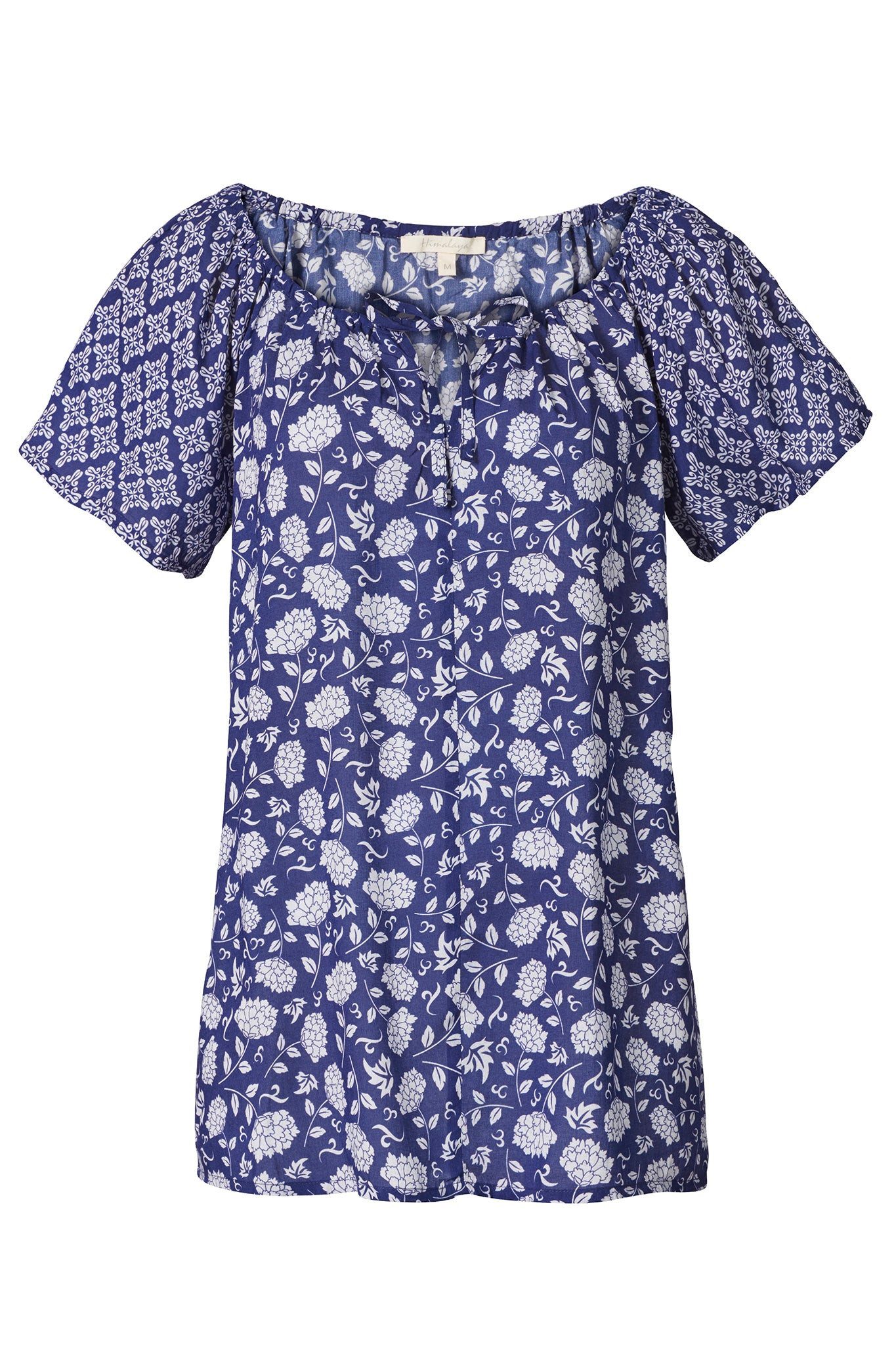 Himalaya Clothing Schlupfbluse Kurzarmbluse aus weich fallender Viskose mit Floral-Patchwork-Muster Zarte Bluse Damen Viskose Bluse mit Tunnelzug