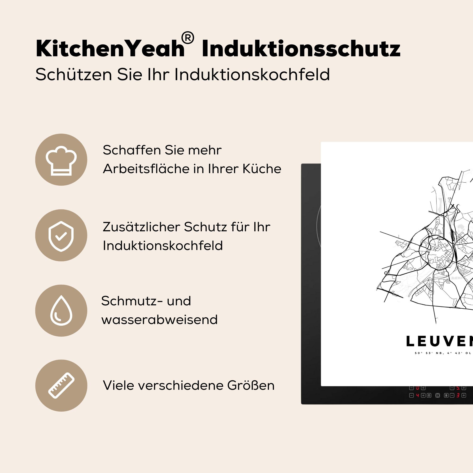 küche cm, für Schwarz Herdblende-/Abdeckplatte Grundriss, Karte Arbeitsplatte MuchoWow Ceranfeldabdeckung, tlg), - Leuven Vinyl, (1 - - Stadtplan - 78x78 und Belgien - weiß