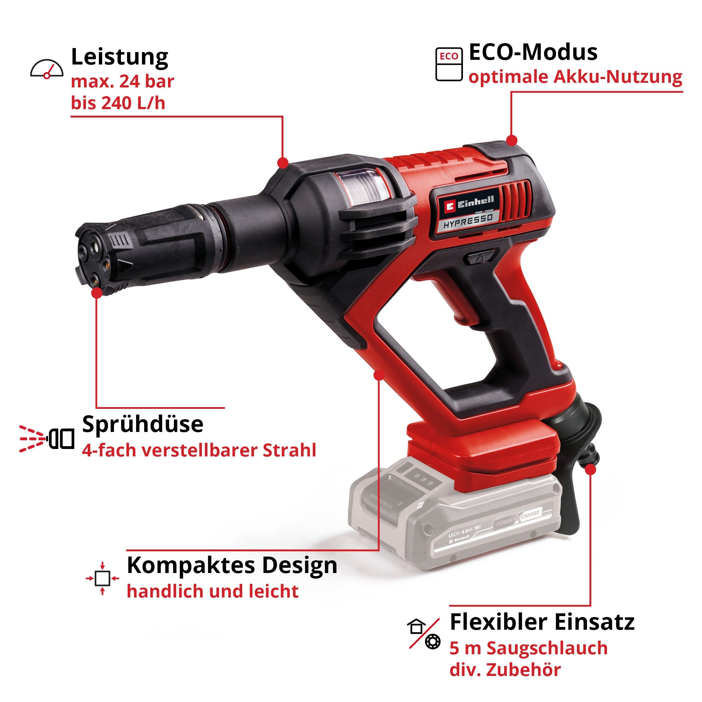 Einhell Akku-Druckreiniger HYPRESSO 18/24-1, Druck max: 24 bar, Fördermenge max: 240 l/h, Druckreinigerpistole ohne Akku und Ladegerät