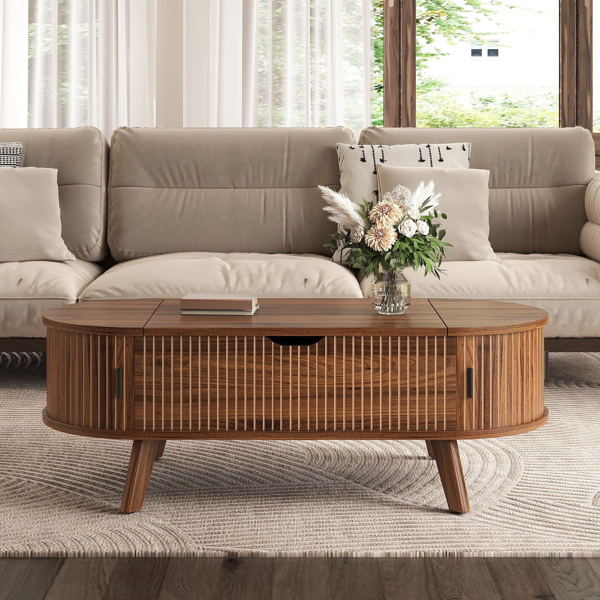 Merax Couchtisch ovaler Wohnzimmertisch Beistelltisch mit höhenverstellbarer Hubplatte (1-St., 110 x 50 x 53,5 cm), Sofatisch mit verstecktem Stauraum, 2 Schieb – Bild 3 von 5
