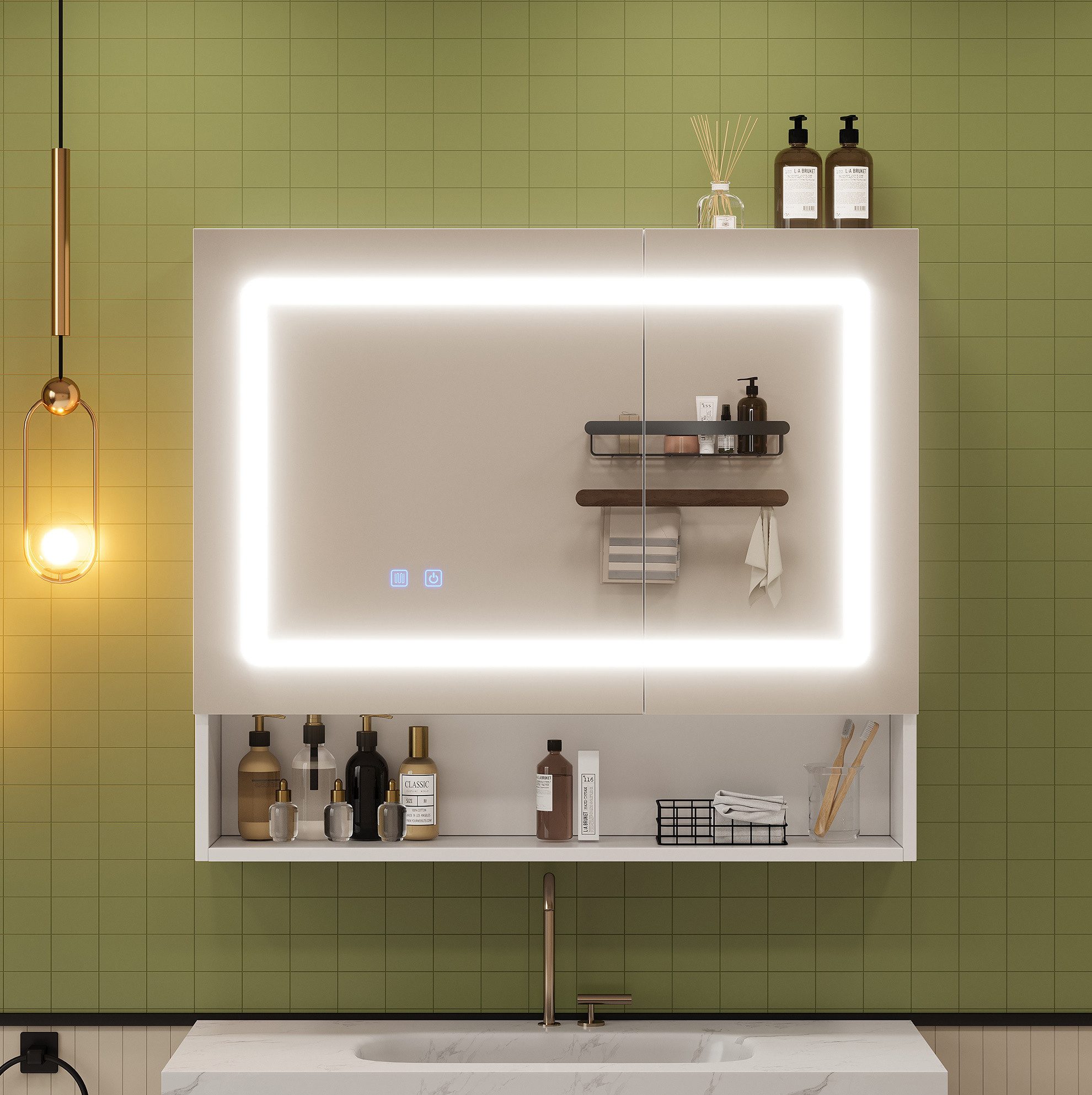 REDOM Spiegelschrank Badezimmer-Spiegelschrank (mit Doppeltür, LED-Beleuchtung, Ein-Knopf-Entfeuchtung und Soft-Close-Funktion in Weiß, 1-St., 80*17*70cm)
