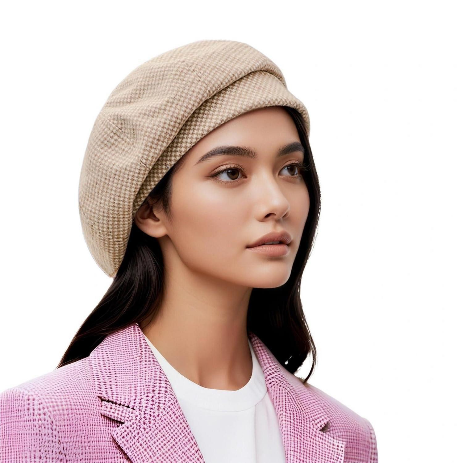 LuxusKollektion Baskenmütze Baskenmütze Damen Wollmischung Barett Beanie Maler Plaid 56-58 Khaki