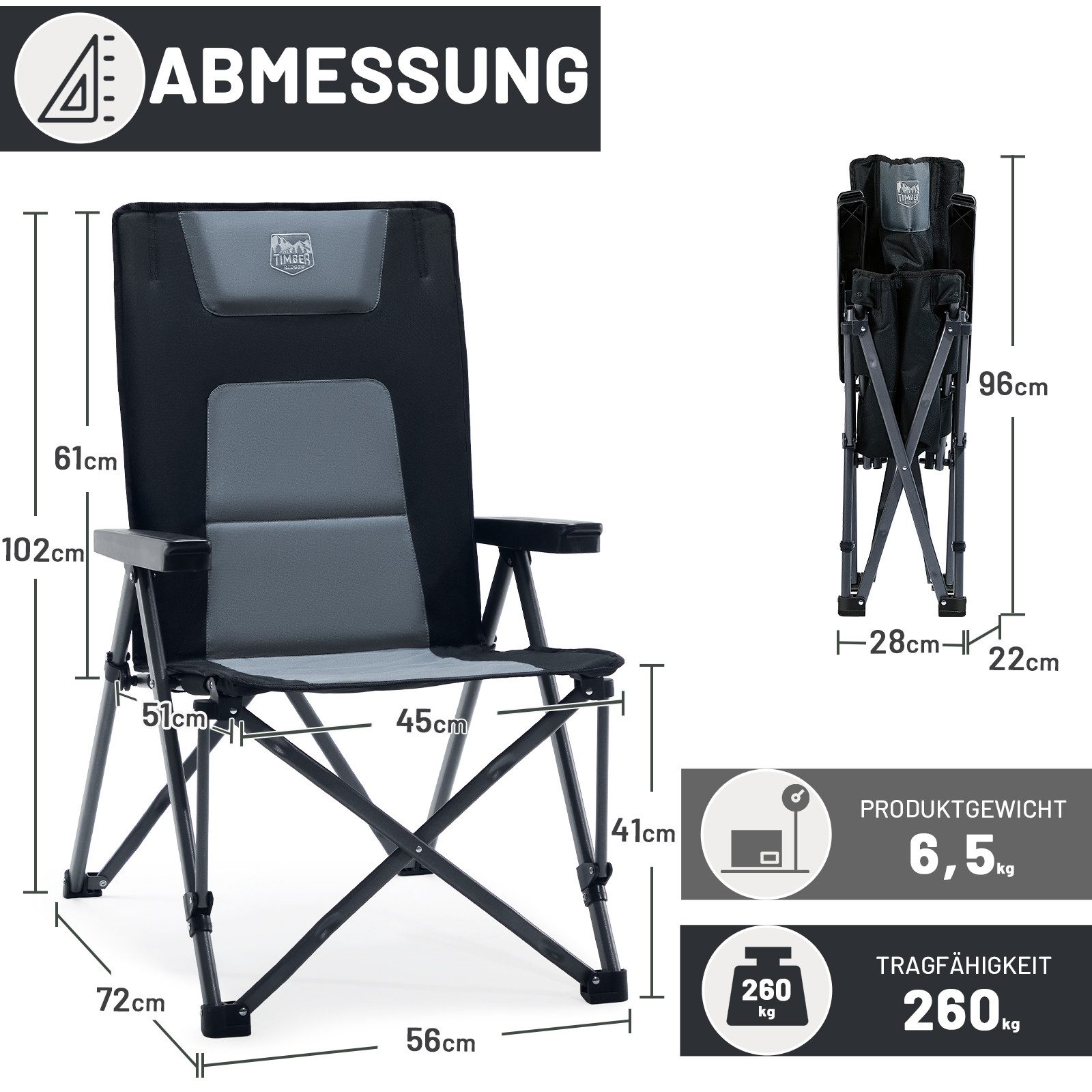 TIMBER RIDGE Campingstuhl Klappstuhl mit Gepolstert, 260 KG belastbar (1 St), mit Tragetasche, für Camping, Wandern & Picknick
