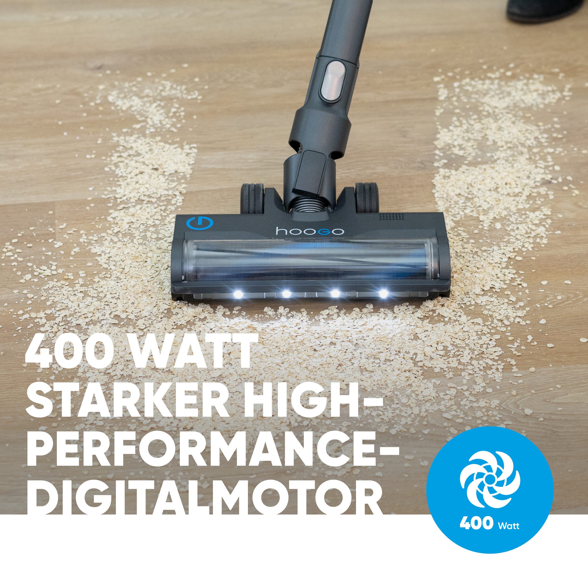 hoogo Akku-Stielstaubsauger S6+, 400,00 W, beutellos, 100min Laufzeit, für Allergiker, Tierhaare, Qualität aus Deutschland