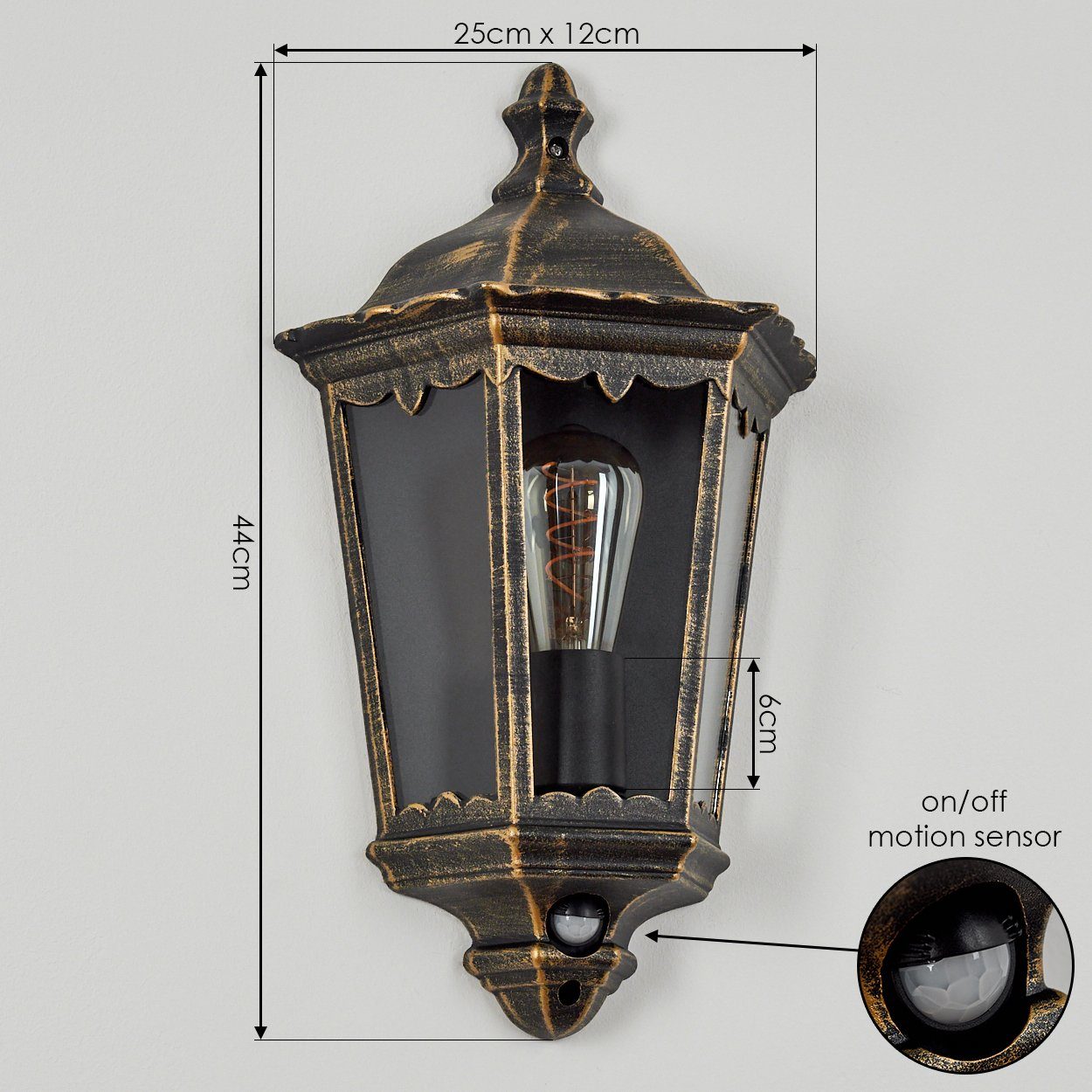 hofstein Außen-Wandleuchte »Viano« Wandlampe in antikem Look, aus Metall/Glas in Braun-Gold/Klar, ohne Leuchtmittel, Wandleuchte m. E27, m. Bewegungsmelder – Bild 4 von 5