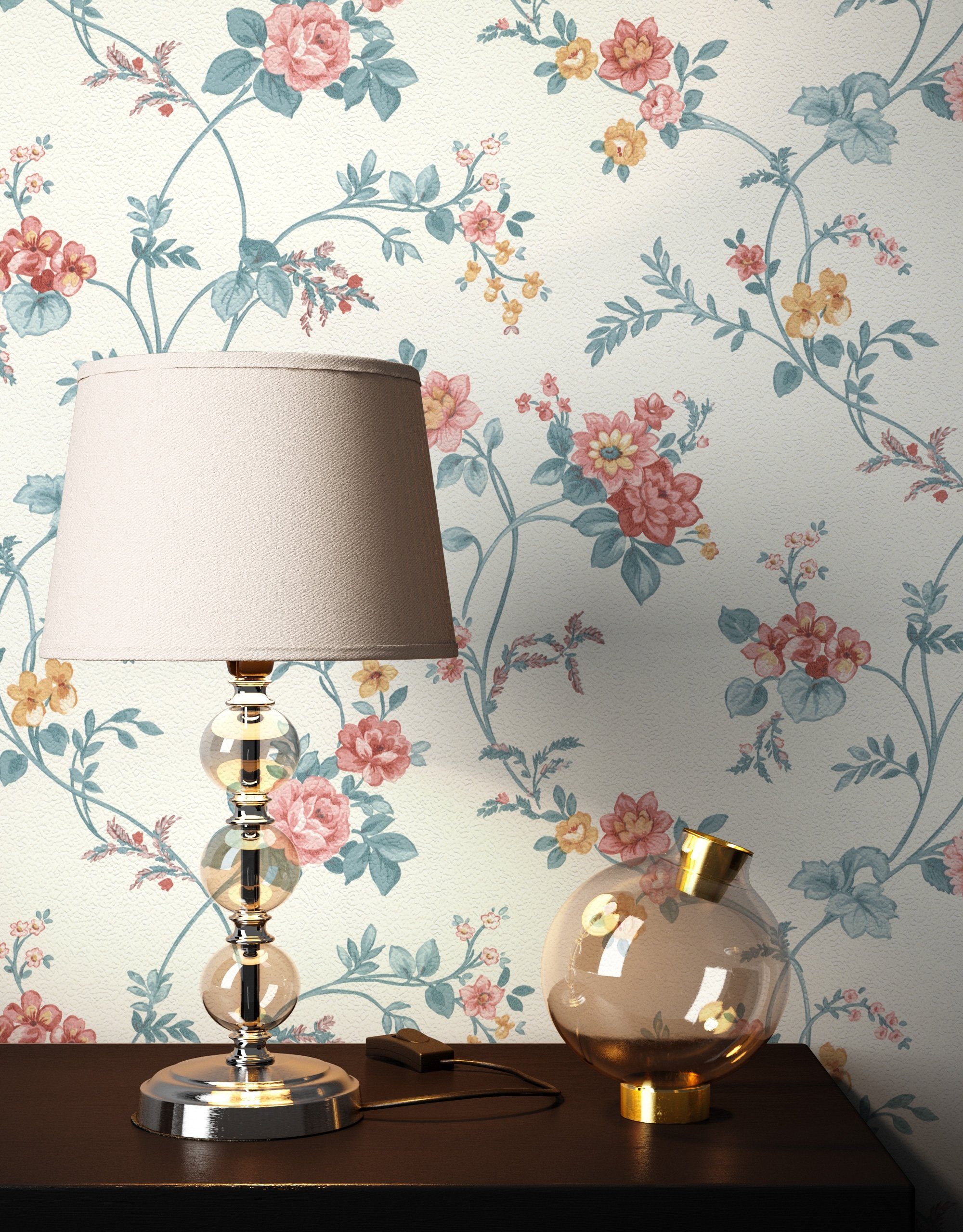 Newroom Vliestapete Luciana Tapete Blumentapete Blumen,Blüten,Wiese, Weiß Tapete Landhaus Blumen - Blumentapete Blau Rot Romantisch Floral Blüten Wiese für Wohnzimmer Schlafzimmer Büro, modern