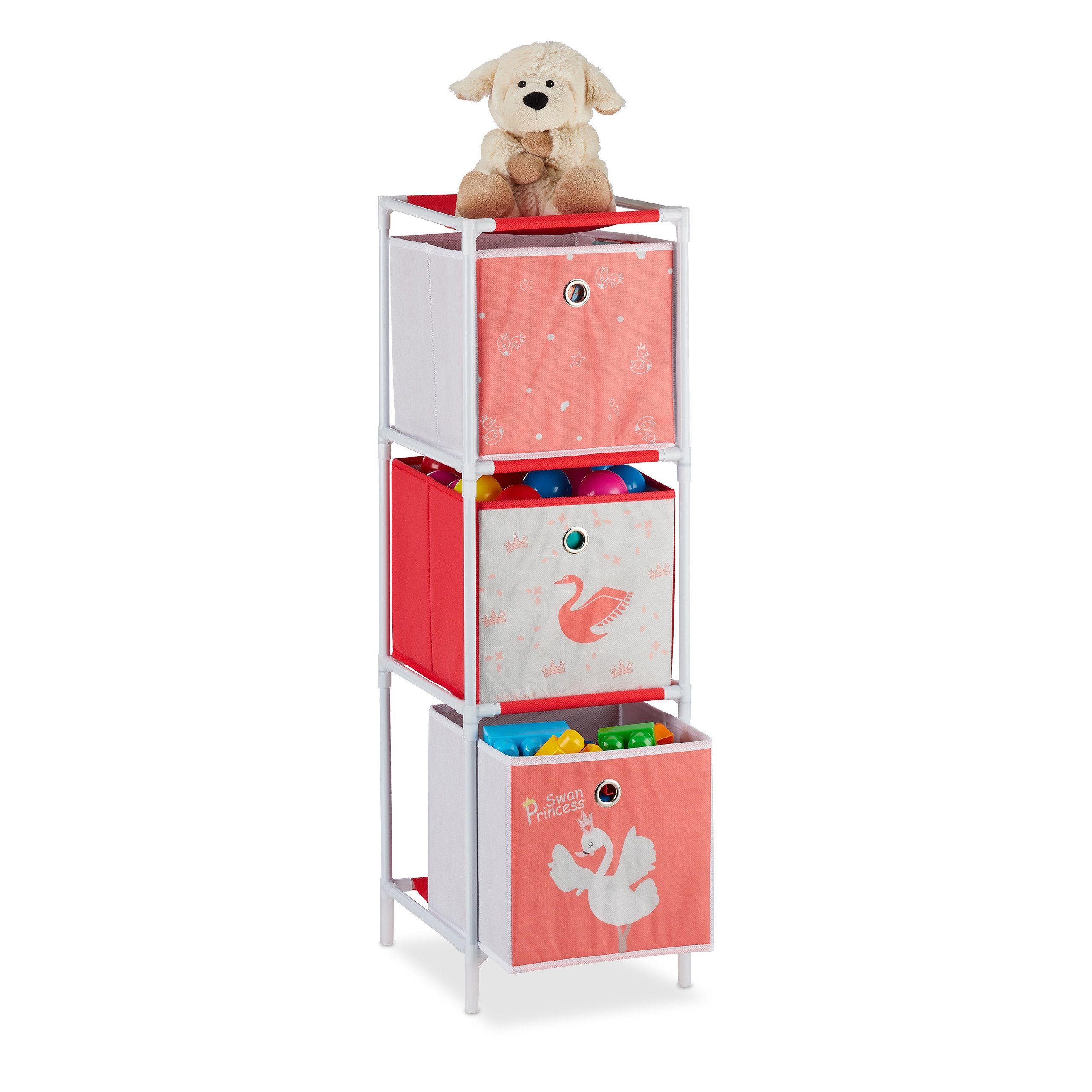 relaxdays Steckregal Kinderregal Schwan mit Boxen, 3 weiß-rot