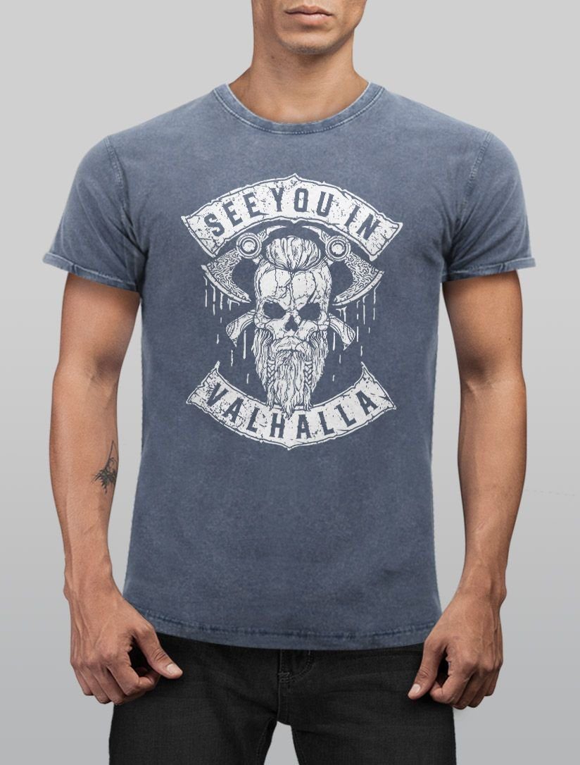 Print-Shirt in Look Skull You mit See Used Print Aufdruck Totenkopf Neverless® Shirt Herren Vintage Printshirt Valhalla Neverless blau Wikinger T-Shirt