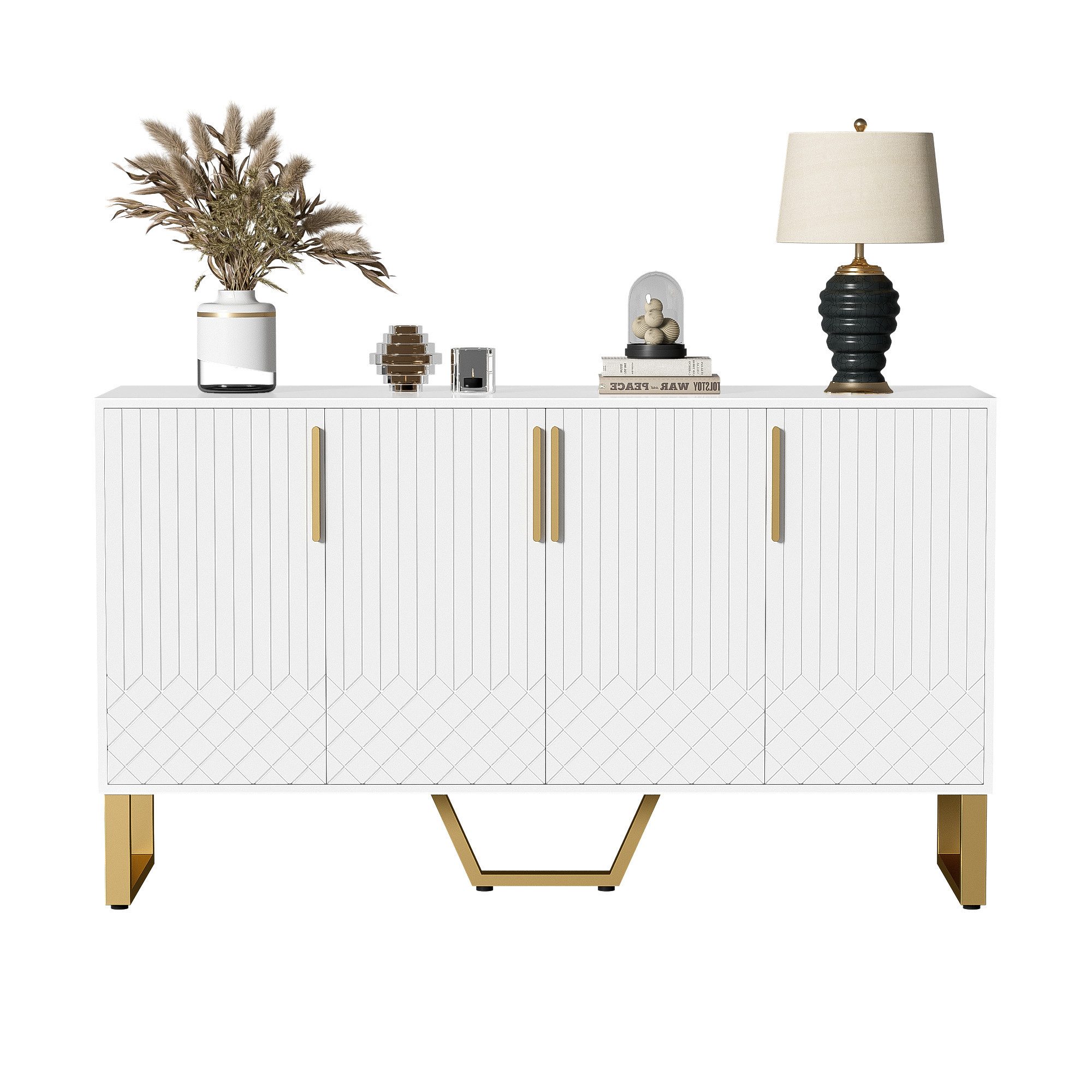 Merax Sideboard Hochglanz Kommode mit 4 Türen, Anrichte mit Metallgriffe und -beine, Buffet mit Push-to-Open Funktion