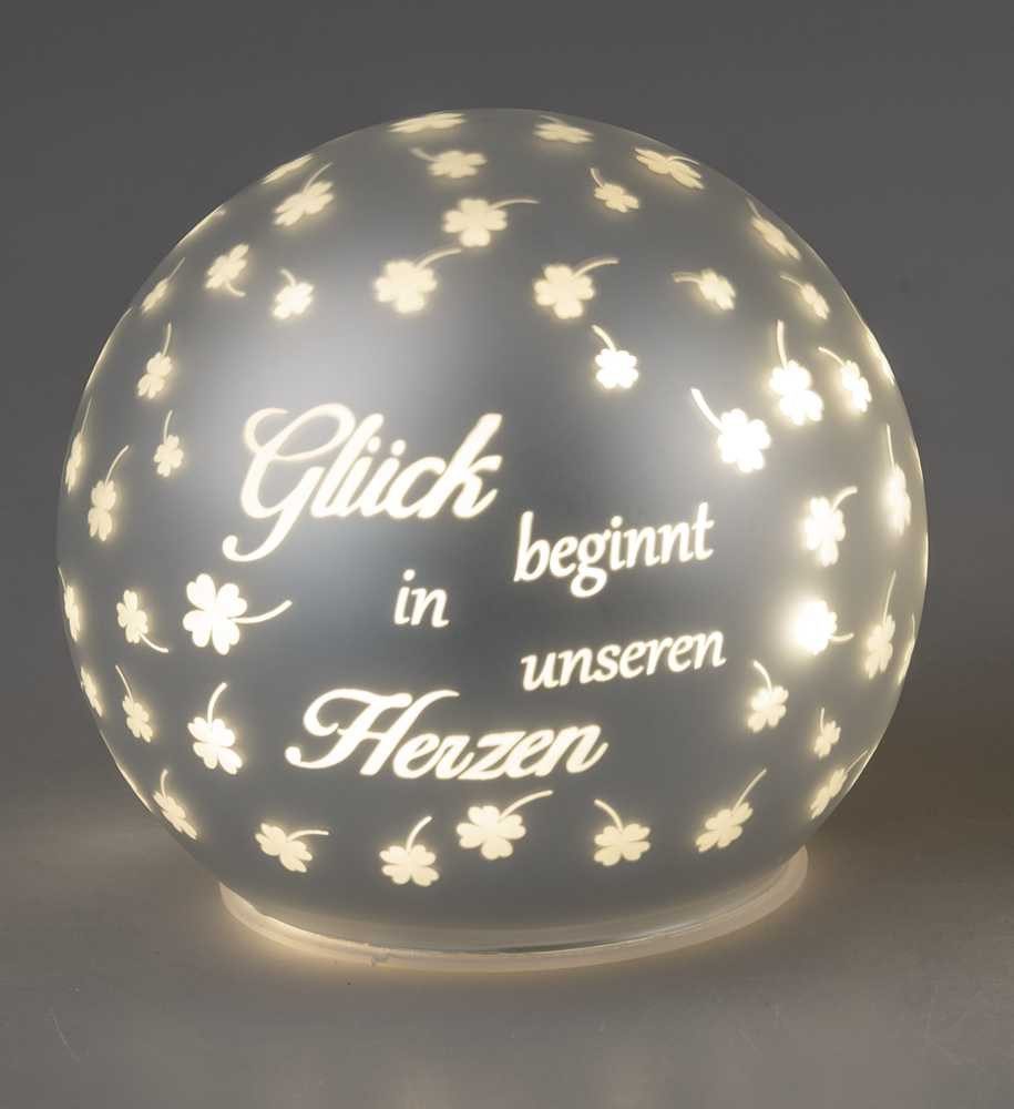 LED Dekolicht Kugel weiß Glück beginnt im Herzen Glücksklee 10cm 12cm