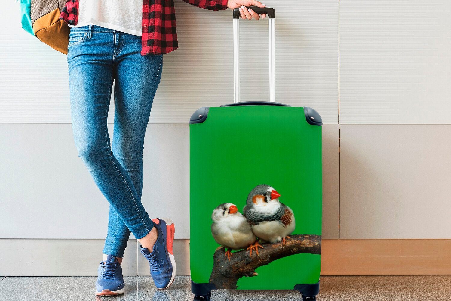 Hintergrund, für Handgepäckkoffer rollen, mit MuchoWow Rollen, Trolley, Zwei grünem Handgepäck auf Reisetasche Reisekoffer Ferien, 4 Zebrafinken