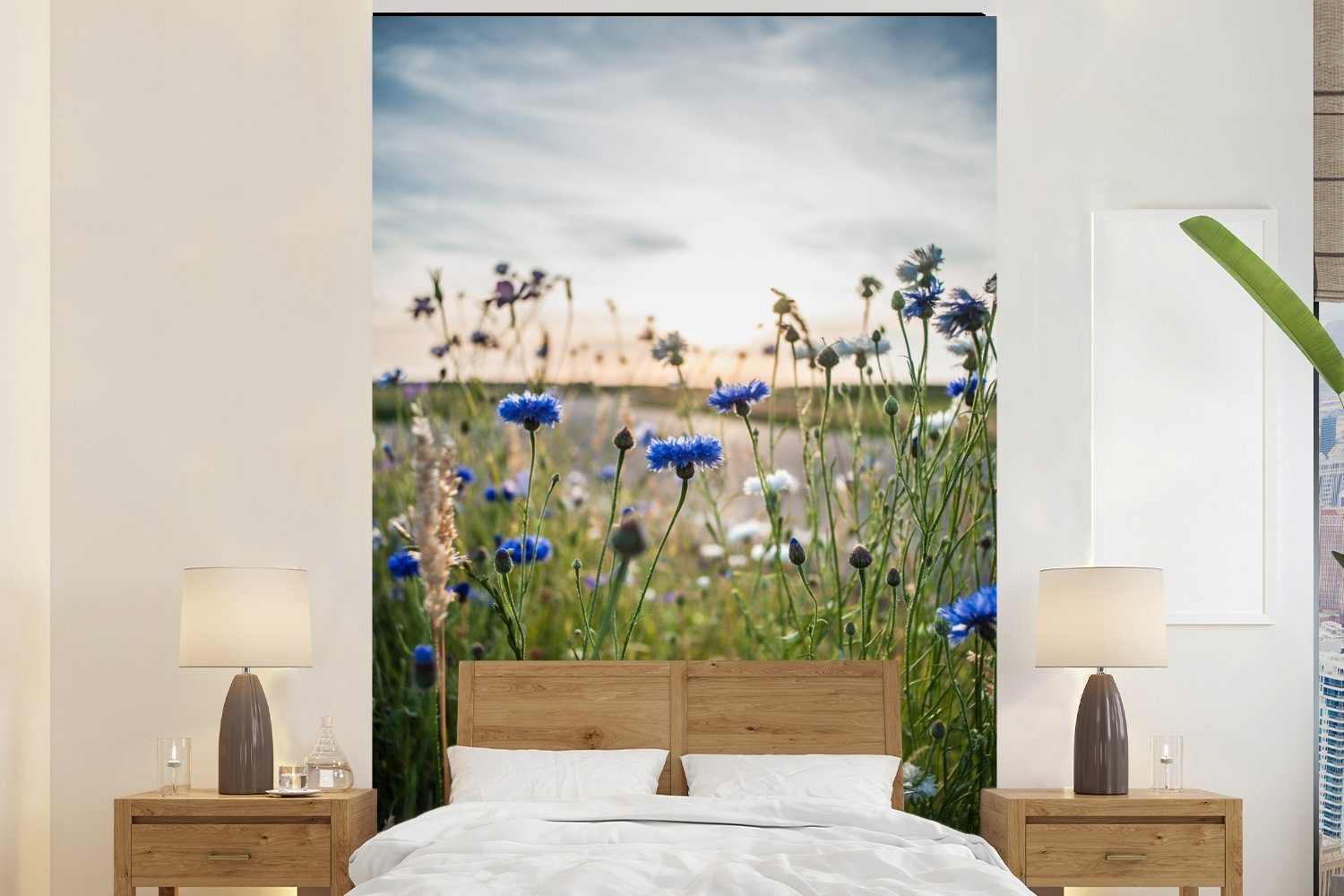 MuchoWow Fototapete Blumen - Sommer - Kornblume - Blau - Sonne - Wolken, Matt, bedruckt, (3 St), Montagefertig Vinyl Tapete für Wohnzimmer, Wandtapete