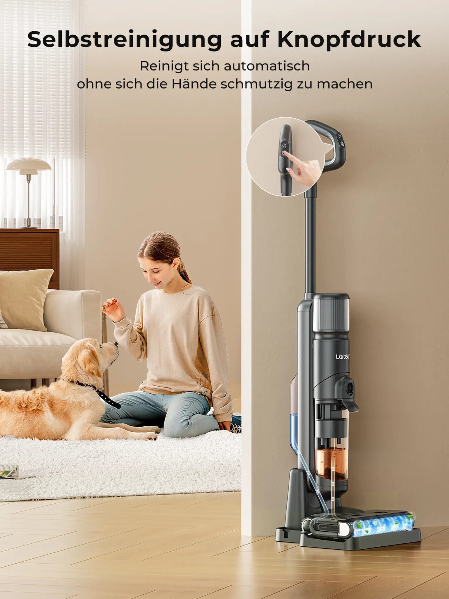 Laresar Bodenstaubsauger M3 Kabelloser Nass- und Trockensauger mit Wischfunktion Bodenreiniger, 230 W, 13.000PA, 55 Min. Laufzeit, 230W, 8 × 2500mAh Batterien