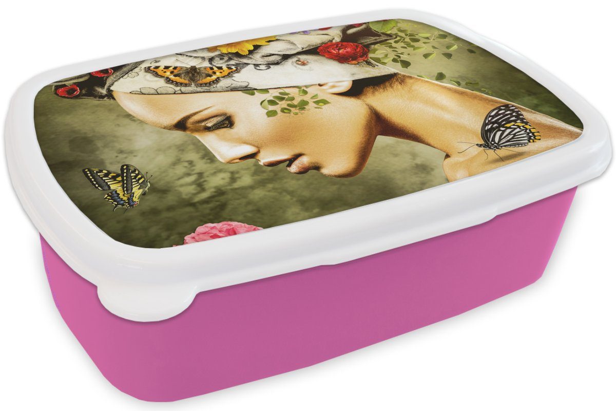 MuchoWow Lunchbox Frau für Brotdose - rosa - Mädchen, Snackbox, Farben Erwachsene, Rosen - - Blumen Brotbox (2-tlg), Schmetterlinge - Kunststoff Kunststoff, Kopftuch, Kinder