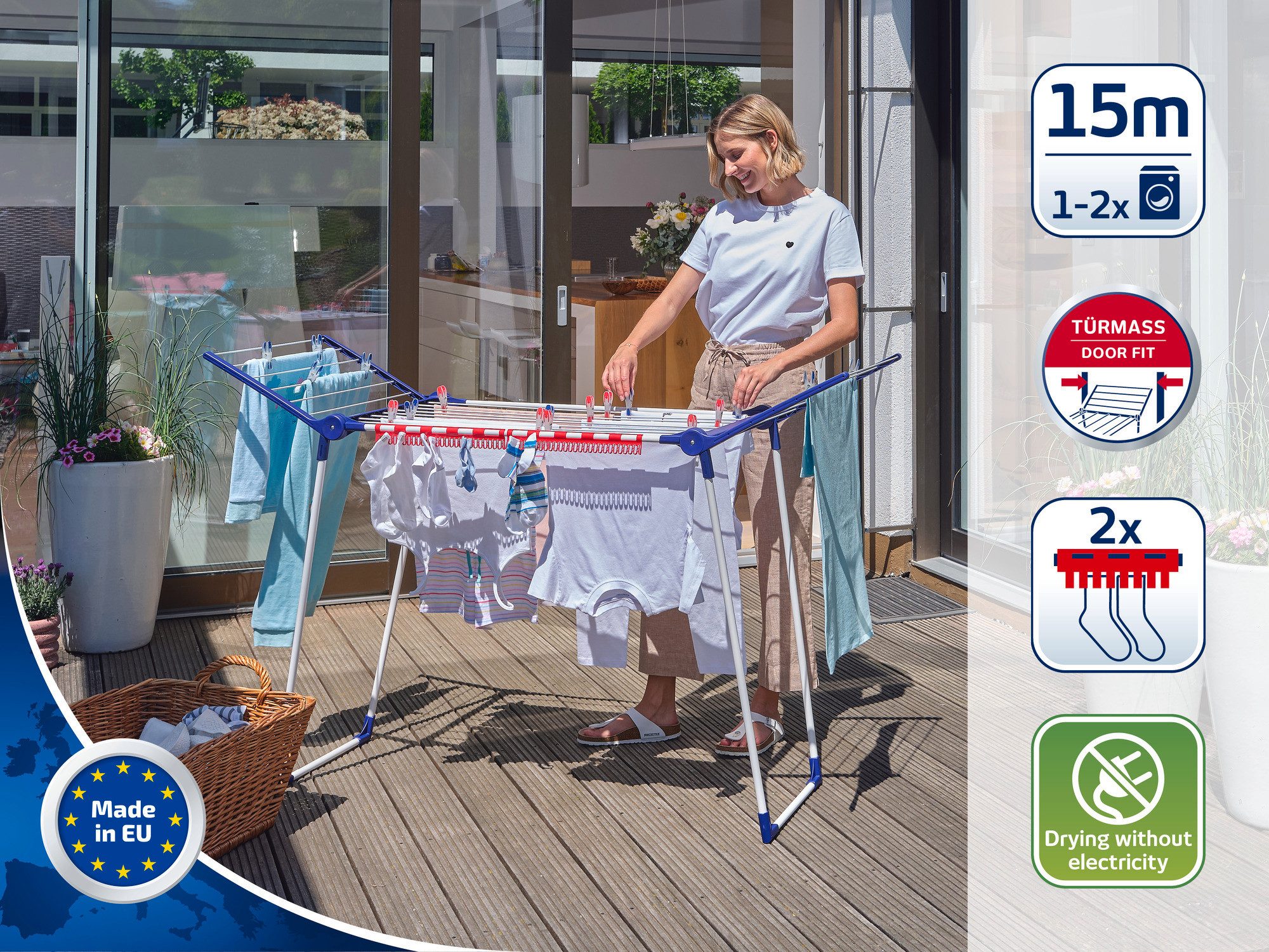 Leifheit Wäscheständer Standtrockner Pegasus 150 Solid Slim, 15m Trockenlänge, 105cm Flügelhöhe, 55cm breit, zusammenklappbar