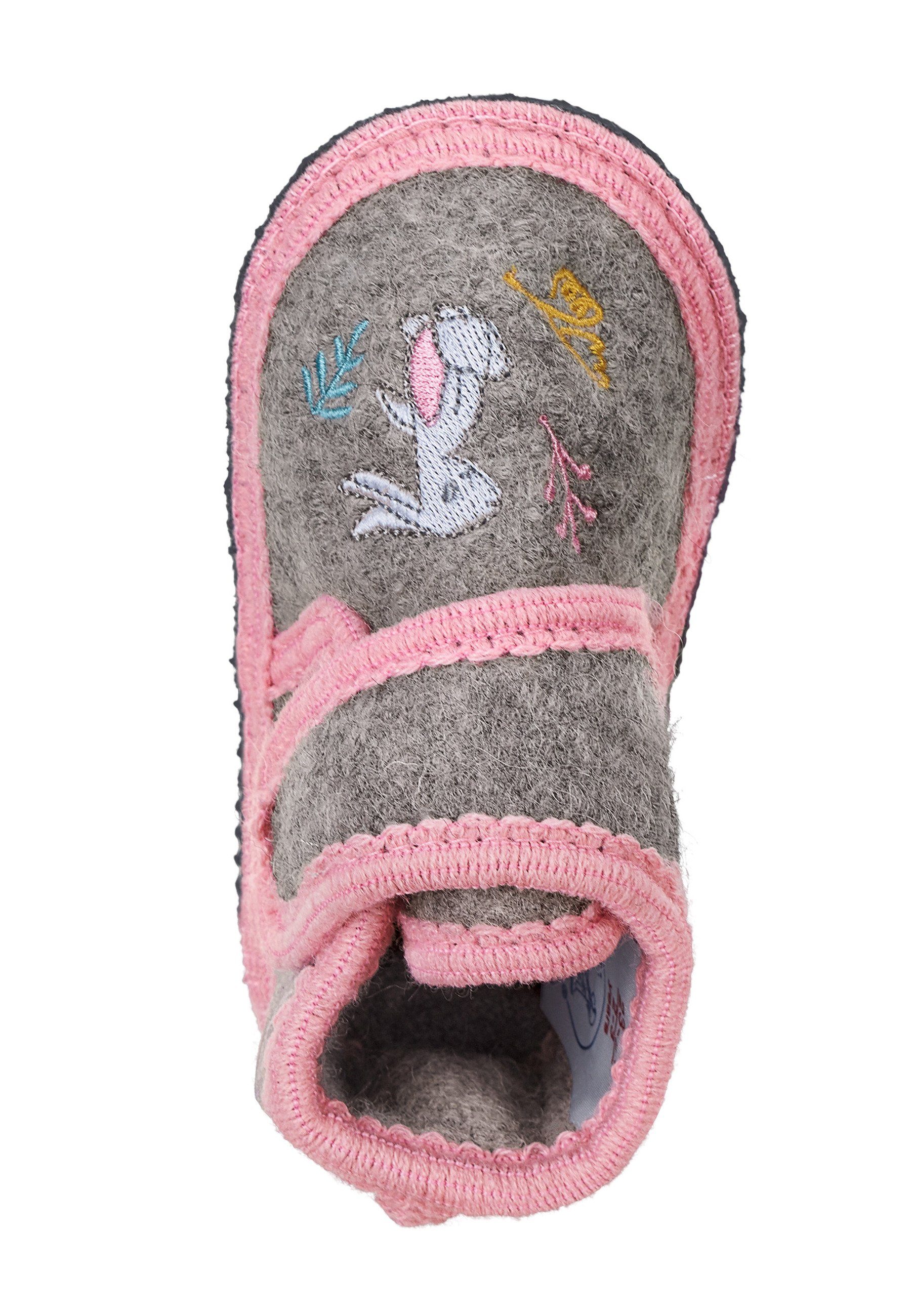 Jungen, mit mit Babyschuhe rutschfester "Hase" und Grau mit Anti-Rutsch-Sohle Klettverschluss (1-tlg) Hausschuh Rosa mit Baby Mädchen Stickmotiv Sterntaler® Hausschuh - - Sohle Hausschuhe Kinderschuhe in Einfassband - Filz-Hausschuhe Filzschuhe