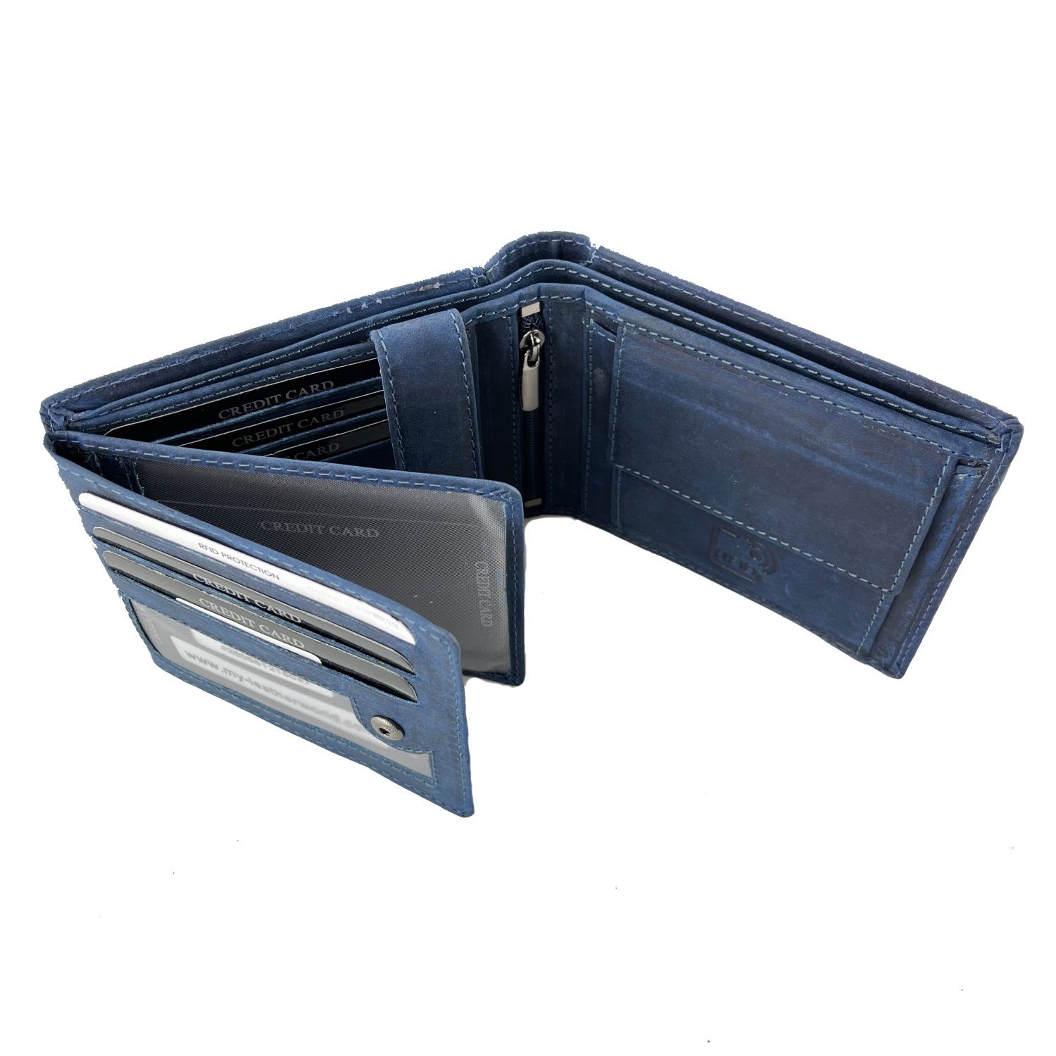 L&B Geldbörse Büffelleder Portemonnaie, Wallet Querformat im 8 Kartenfächern RFID-Schutz, Blau integrierter mit elegantes in