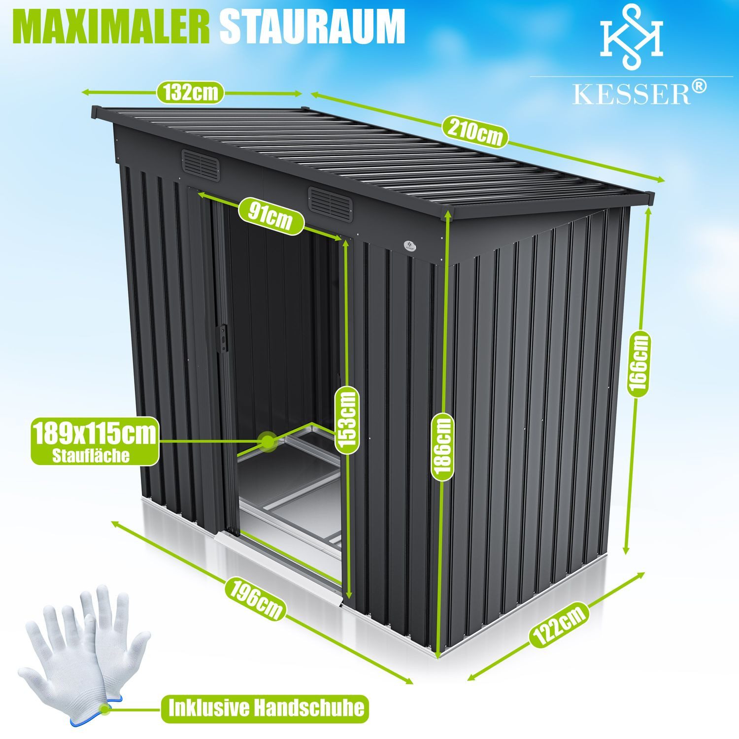 KESSER Gartenhaus, Gerätehaus Metall 4 m³ mit Fundament 210x122x186 cm