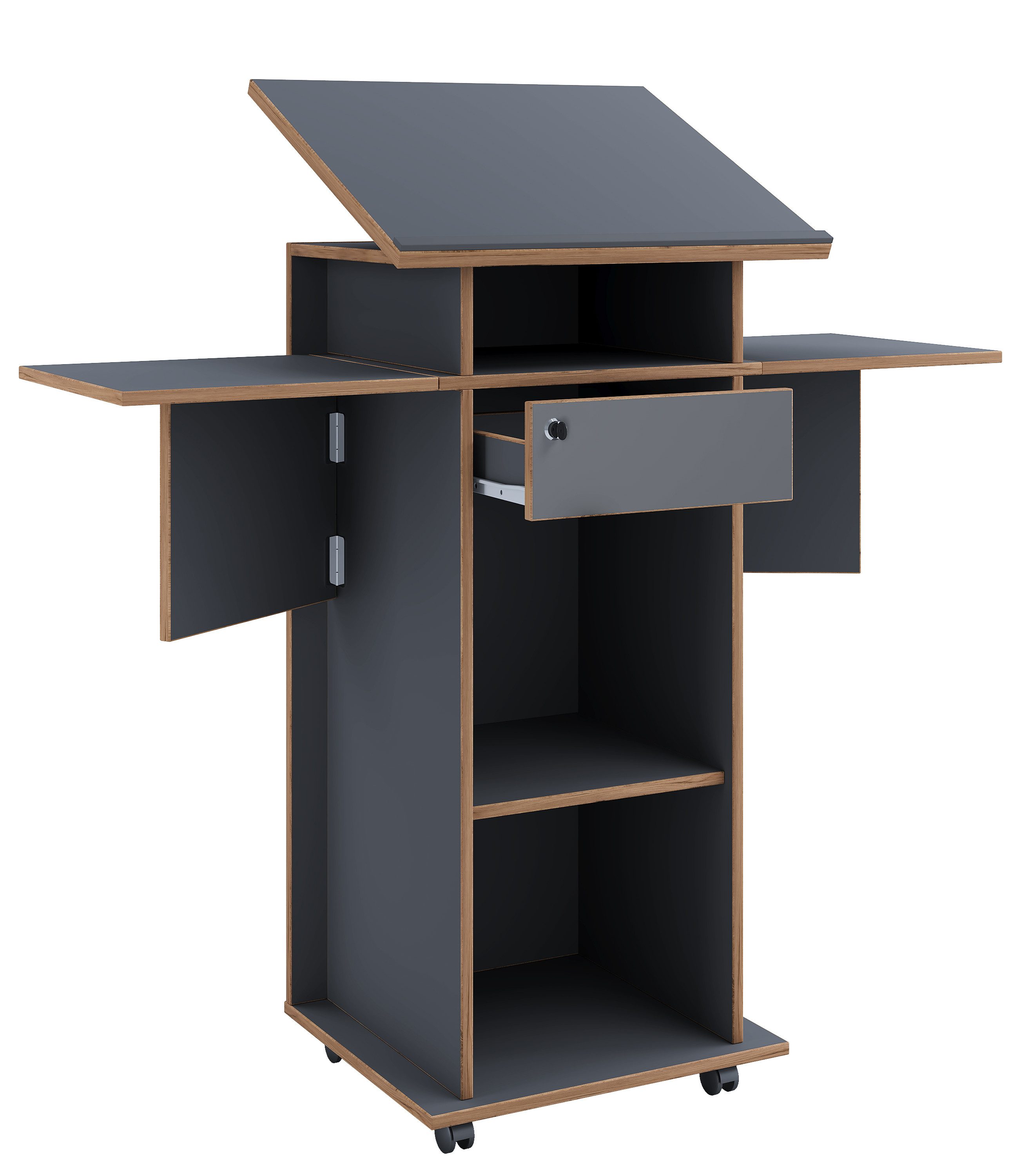 VCM Stehpult Rednerpult Salia H. 107 bis 128 cm x B. 60 bis 123, Holz mobiles Rednerpult, rollbar mit Schublade, Stehtisch, Schreibpult