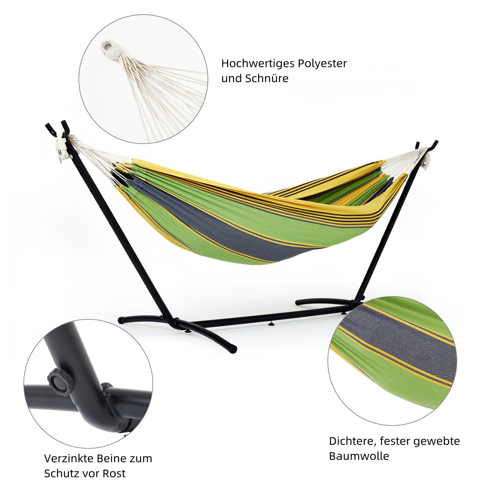 Mondeer Hängematte Gartenhängematte (Doppelhängematte), 6 Höhen verstellbar, mit Gestell bis 200kg
