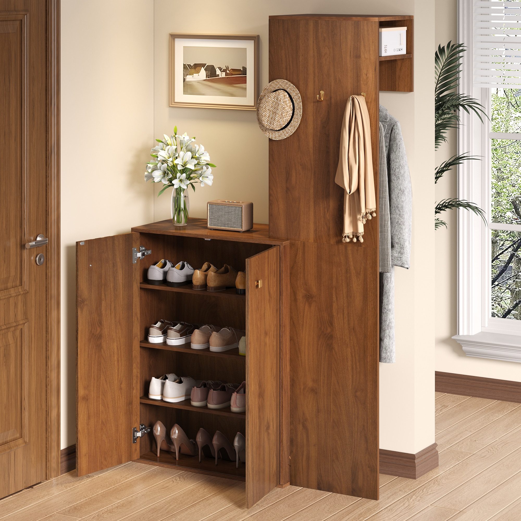 BlingBin Garderoben-Set Kompaktgarderobe Garderobenständer Flurgarderobe, (Nicht integrierte Produkte erfordern Bohrungen und Lochungen in der Wand, 1-St., mit Schuhschrank, 3 Kleiderhaken, Kleiderstange), für Flur, Schlafzimmer, 115L x38,5B x 191,5H cm