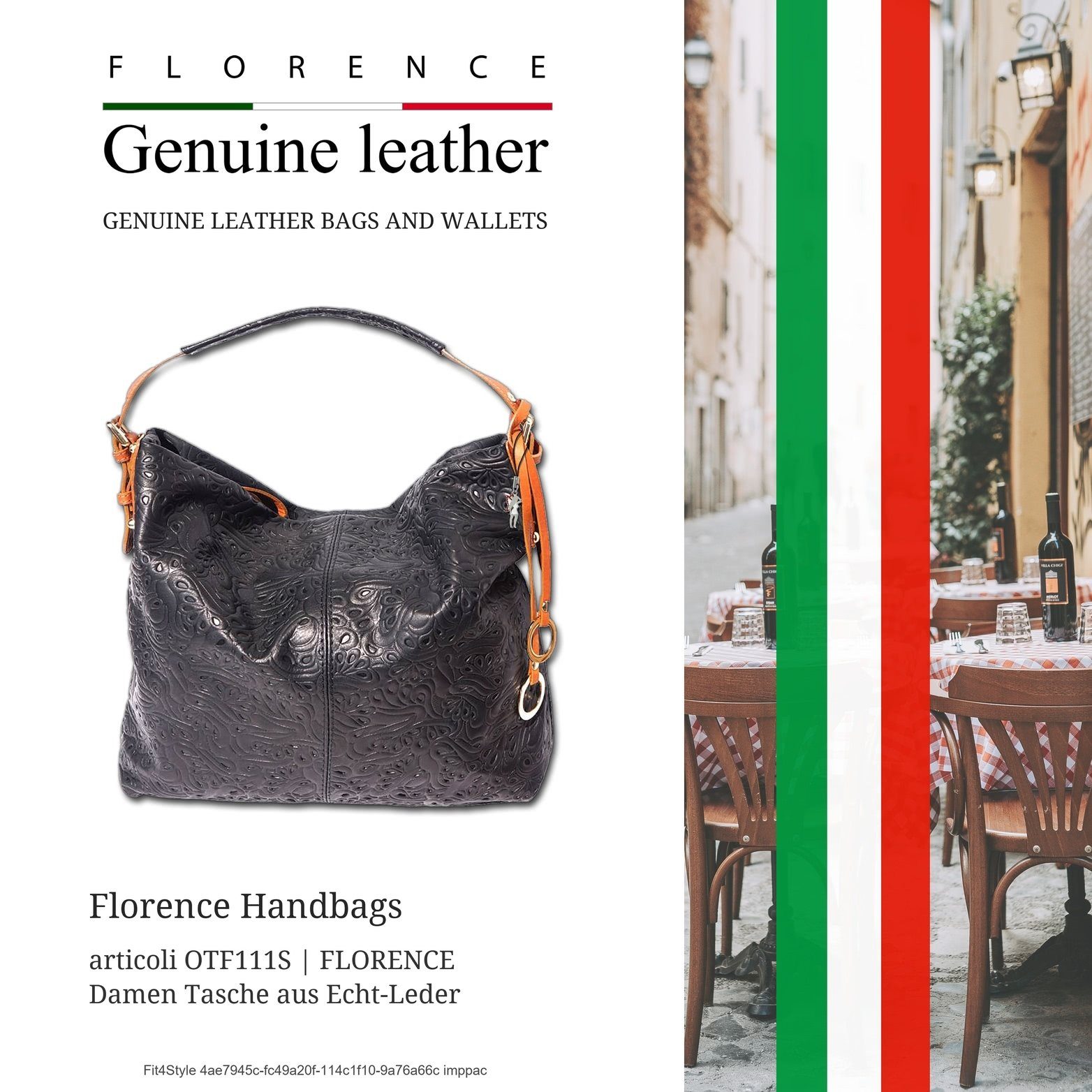 FLORENCE Shopper Florence Echtleder Damentasche schwarz (Schultertasche, Shopper), Damen Tasche Echtleder schwarz-braun, Blumenmuster, Made-In Italy
