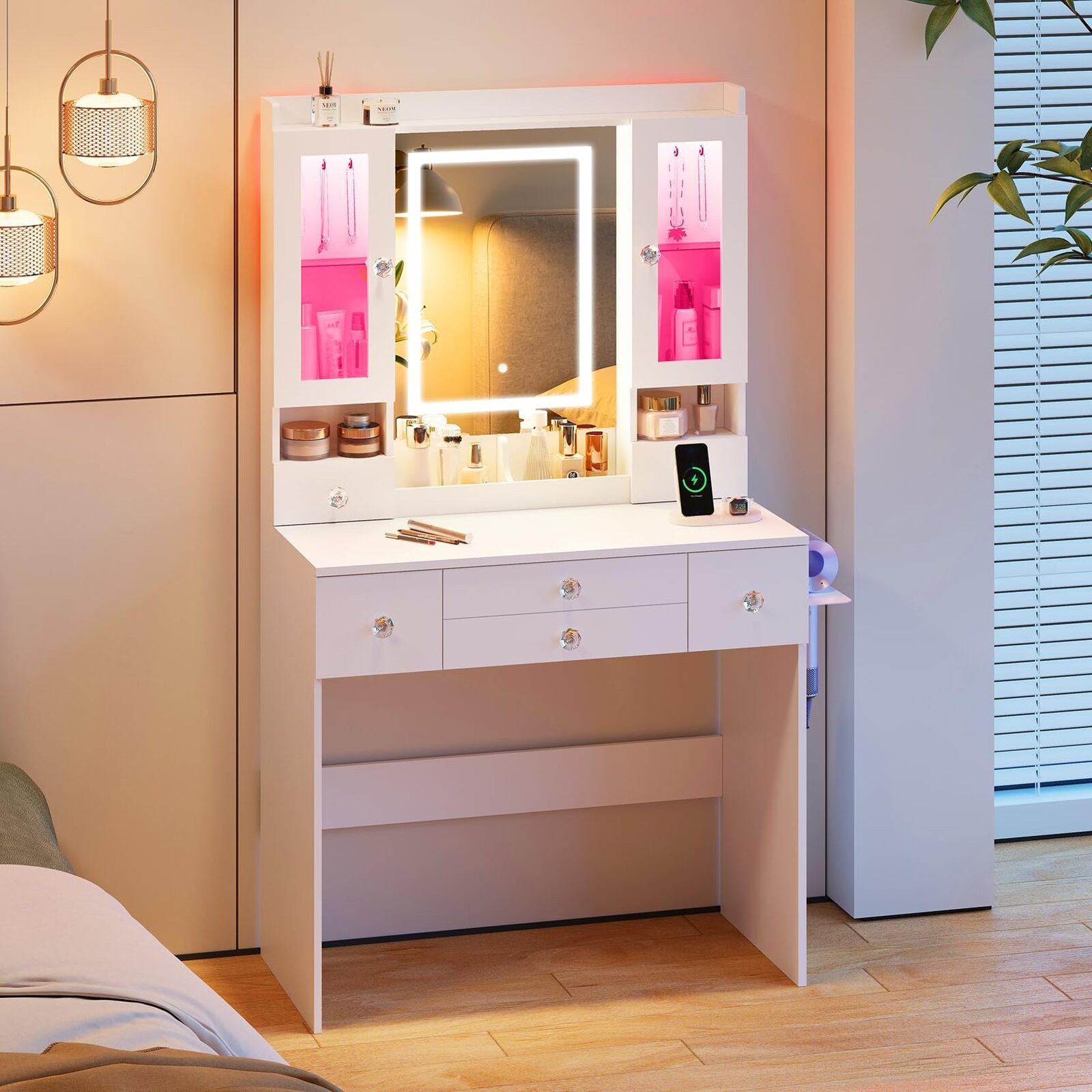 Dripex Schminktisch LED-Spiegel&Vitrine 80cm-USB&Steckdose-RGB-Beleuchtung-Stauraum-Weiß