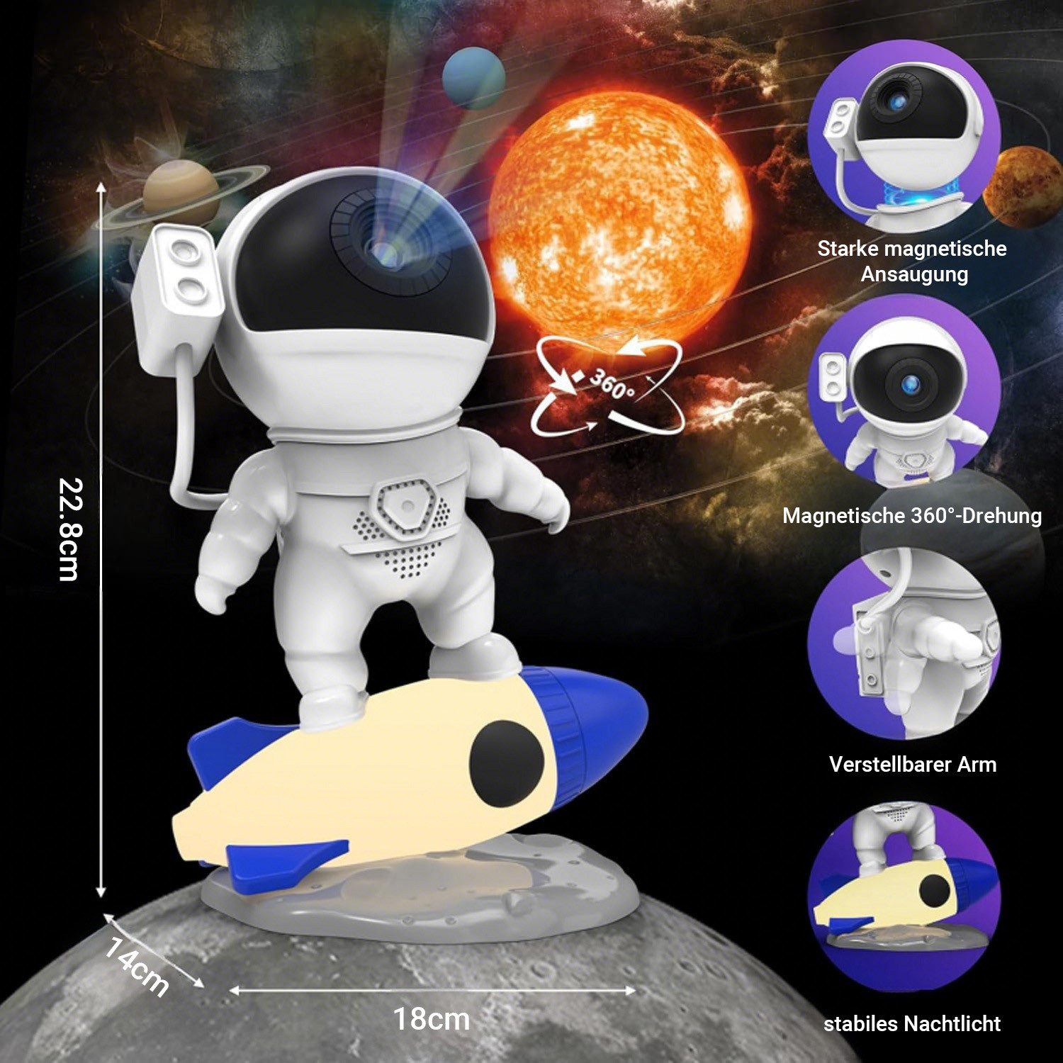 MUPOO Nachtlicht 13-in-1-Astronauten Sternenprojektor, 360° Drehbare Galaxie Nachtlicht, Astronauten Rakete, Dimmbar Partyraum-Dekoration, Timer