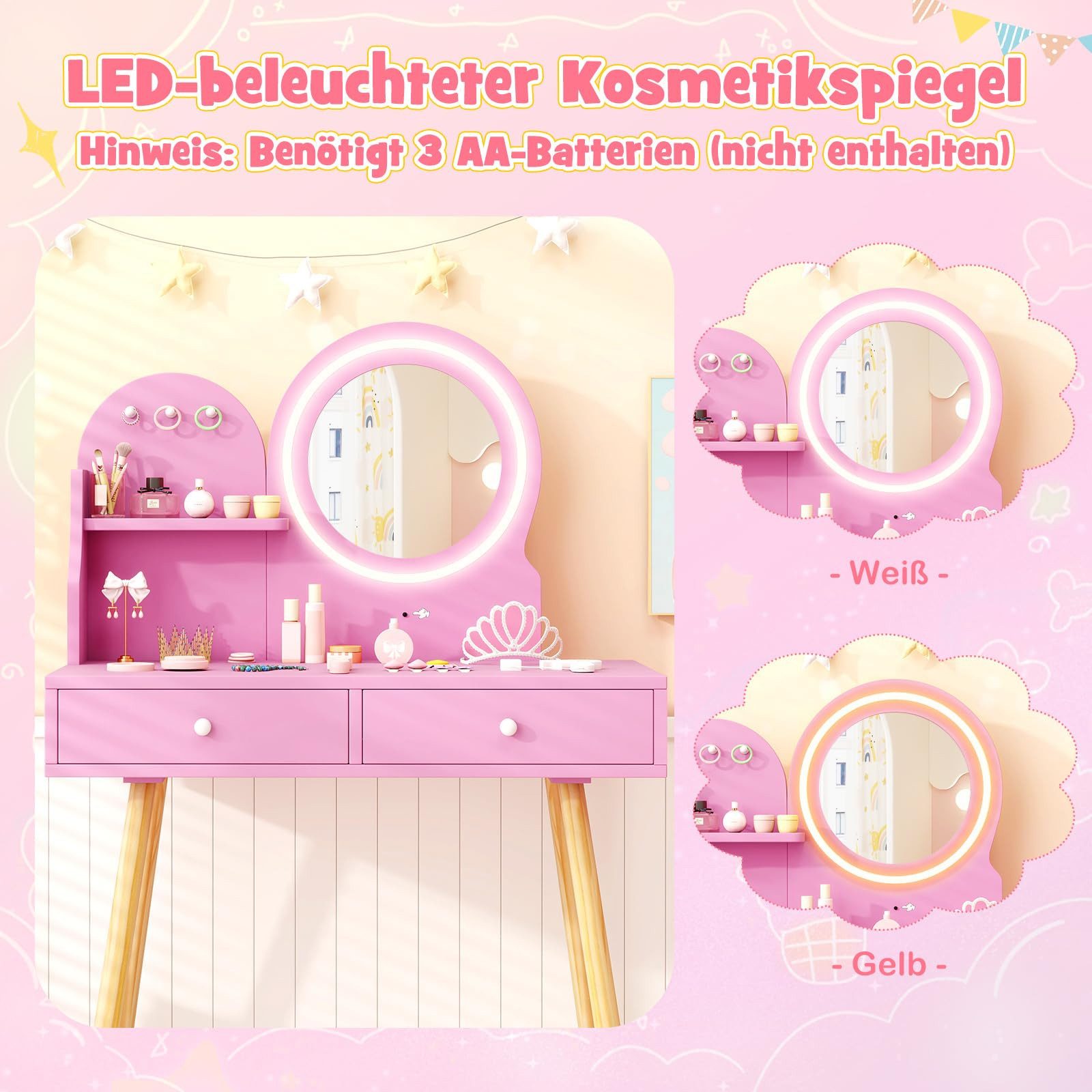 COSTWAY Schminktisch, Kinder Schminktisch mit LED-Beleuchtung, Holz