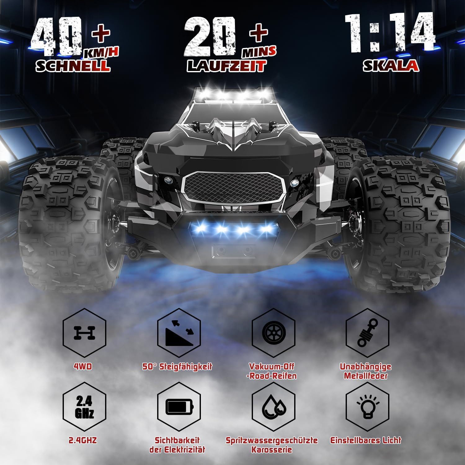 Esun RC-Auto Ferngesteuertes Auto ab 8 9 Jahre, 1:14 RC Drift Car 4WD 30/40 km/h (Set, Komplettset), Buggy mit LED Licht, Fernbedienung Rennenauto Spielzeug