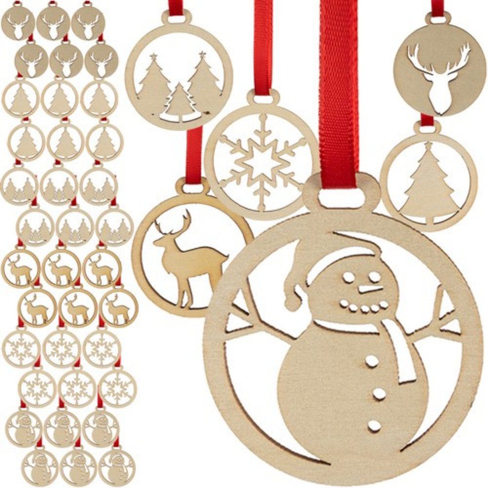Ruhhy Weihnachtsbaumkugel Weihnachtsschmuck Holzkugeln Deko, Enthält 36 Kugeln mit 6 Motiven sowie Schnüre und Bänder