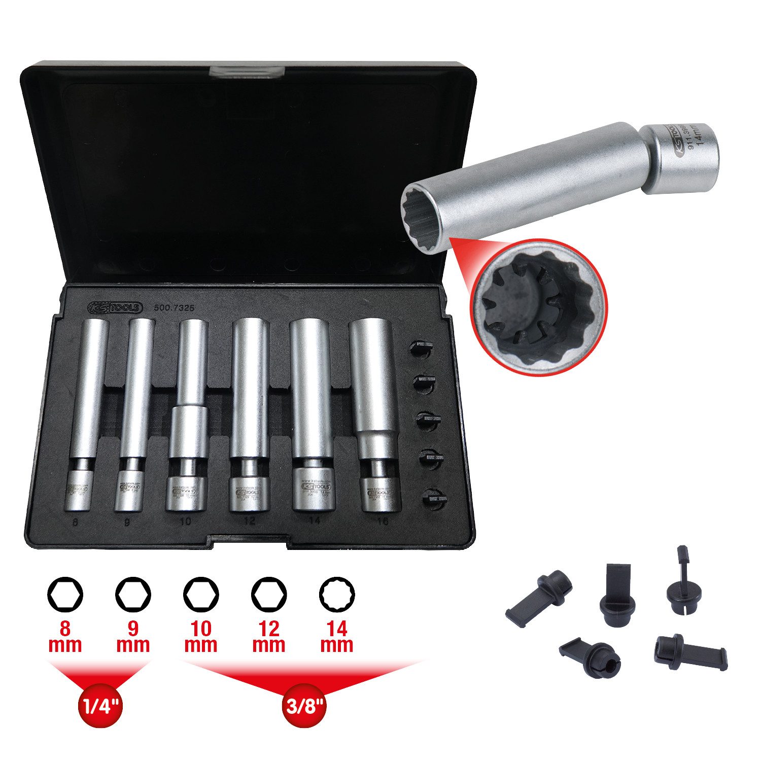 Brilliant Tools Zündkerzenschlüssel 1/4" + 3/8" Spezial-Glüh- und Zündkerzen-Stecknuss-Satz mit Gelenk, 1
