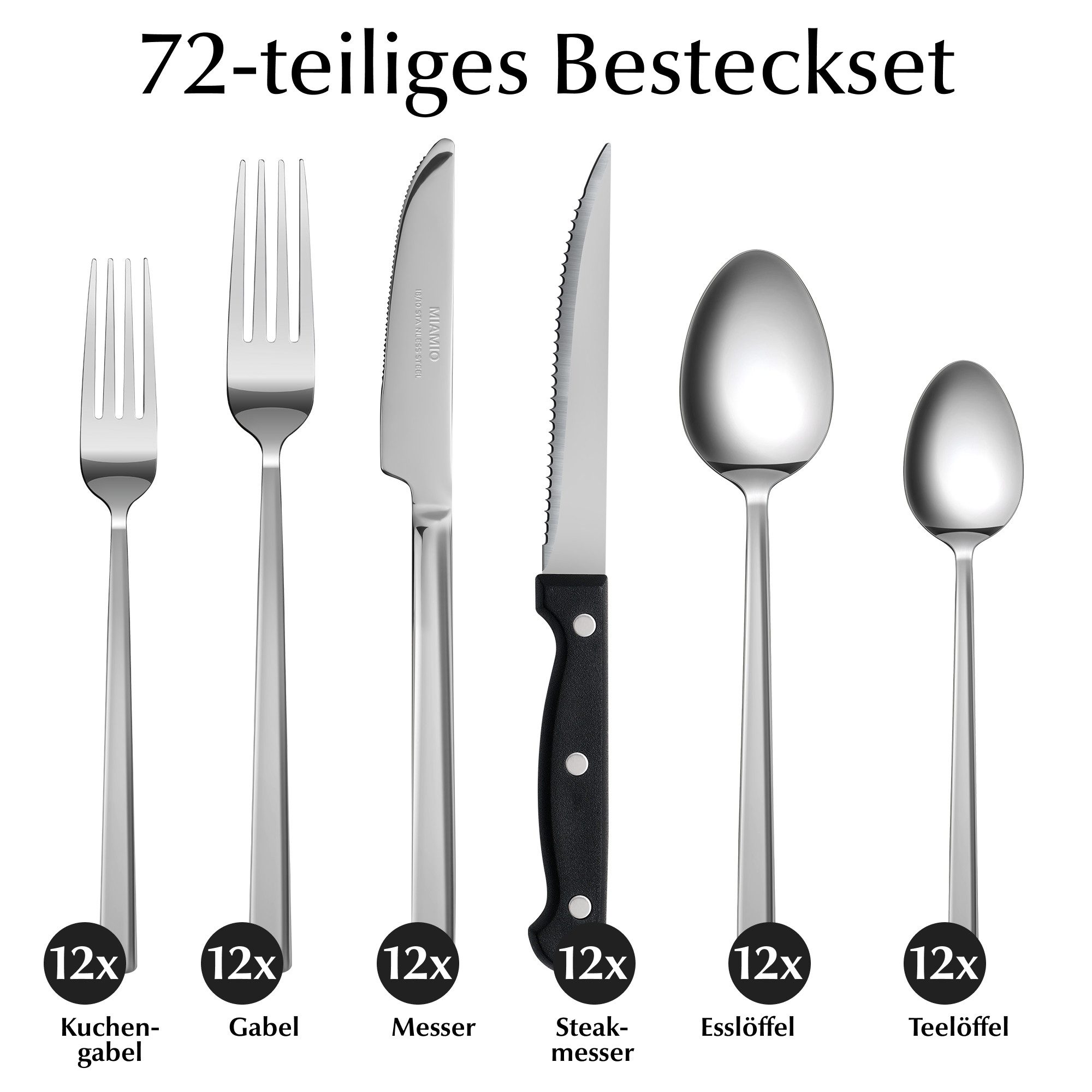 MiaMio Besteck-Set Besteckset 72 Teile 18/10 Silber (72-tlg), 12 Personen – Bild 4 von 5
