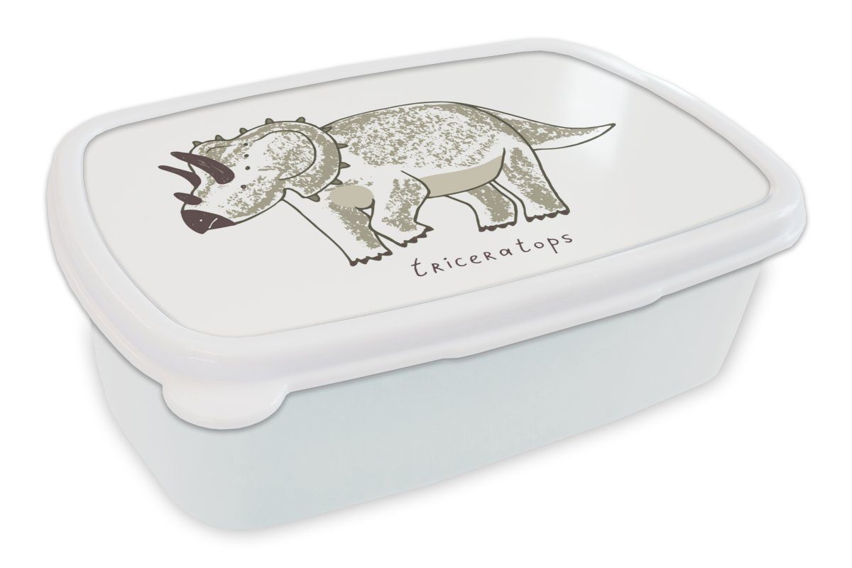 Brotdose, Jungs - und Triceratops MuchoWow Jungen - Lunchbox Kinderzimmer Dinosaurier für für Mädchen Brotbox Kinder (2-tlg), - Kunststoff, - - Erwachsene, Kinder, weiß Mädchen und
