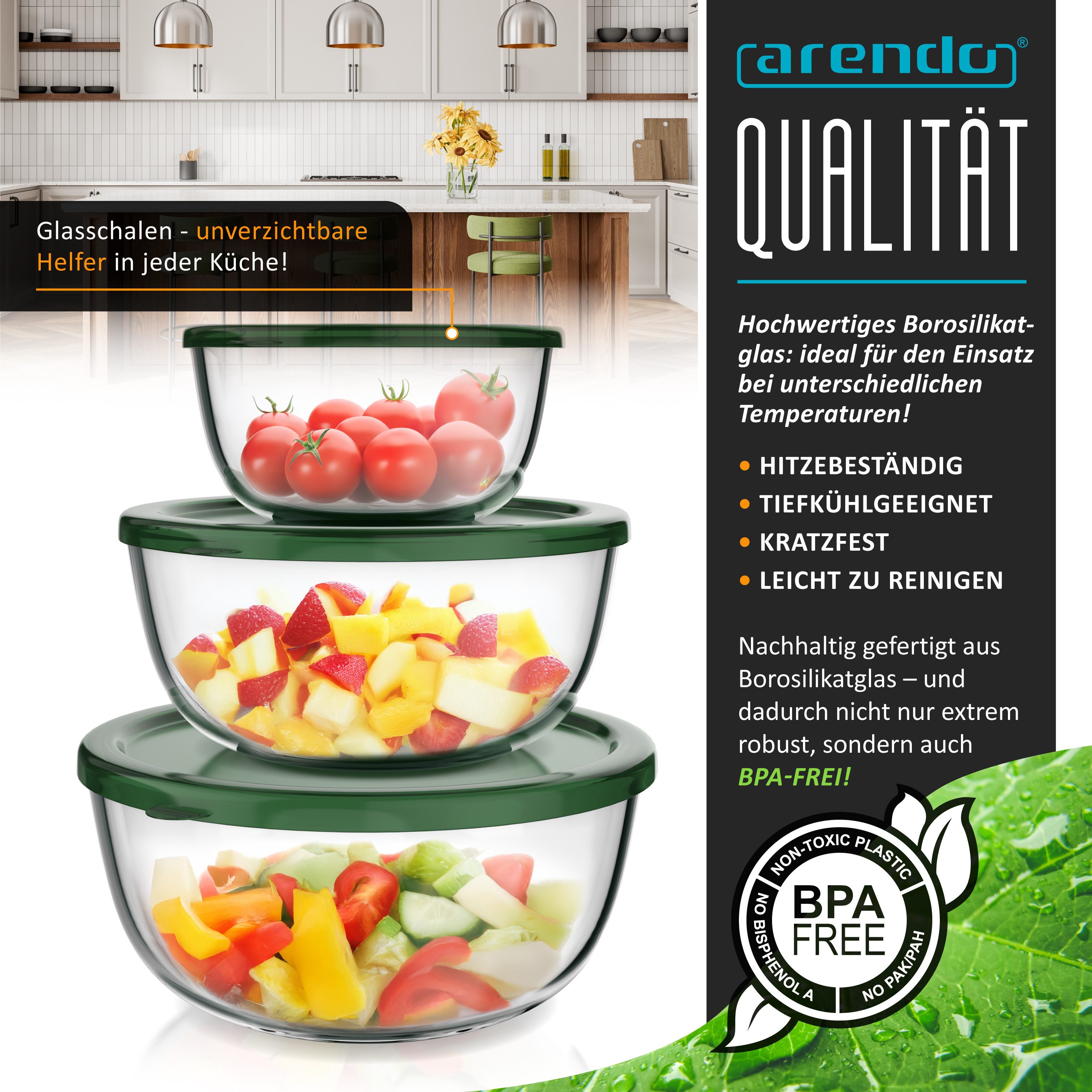 Arendo Salatschüssel 3er Set mit Deckel, Glasschüssel 1,1L / 2,7L / 4,4L, Glas Rührschüssel, Glas, (Set, 3-tlg), Glasschale, BPA-frei, Mikrowellen- und spülmasc – Bild 5 von 5