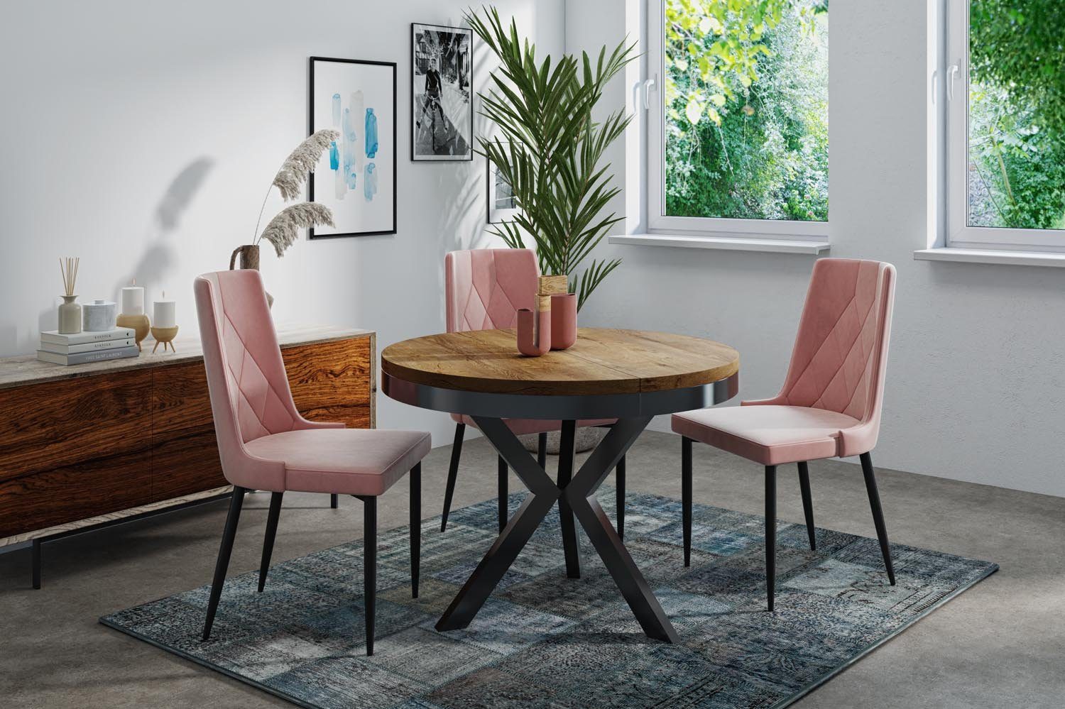 WFL GROUP Esstisch Velma ausziehbar rund loft-stil mit schwarzen Metallbeinen (MADE IN EU, erhältlich in einer Größe – 100x100x76 cm, ausziehbar auf 140 cm), platzsparender Tisch in Holzoptik für Küche, Esszimmer oder Wohnzimmer