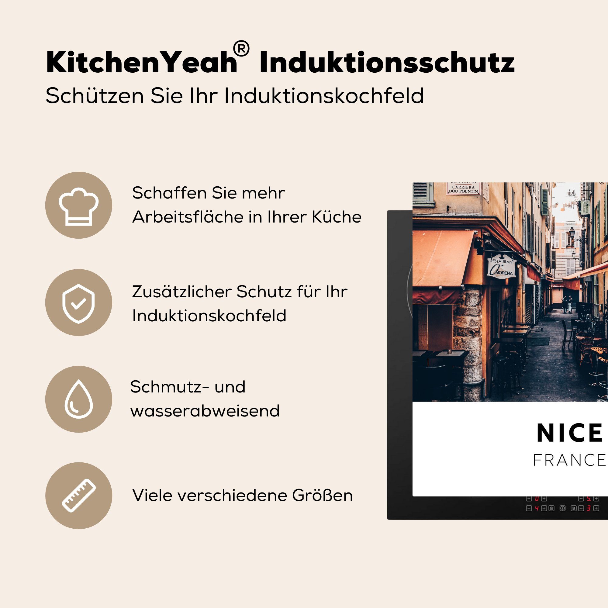 MuchoWow Herdblende-/Abdeckplatte Nizza küche cm, für Cafe, Vinyl, tlg), 78x78 Arbeitsplatte - Frankreich Ceranfeldabdeckung, - (1