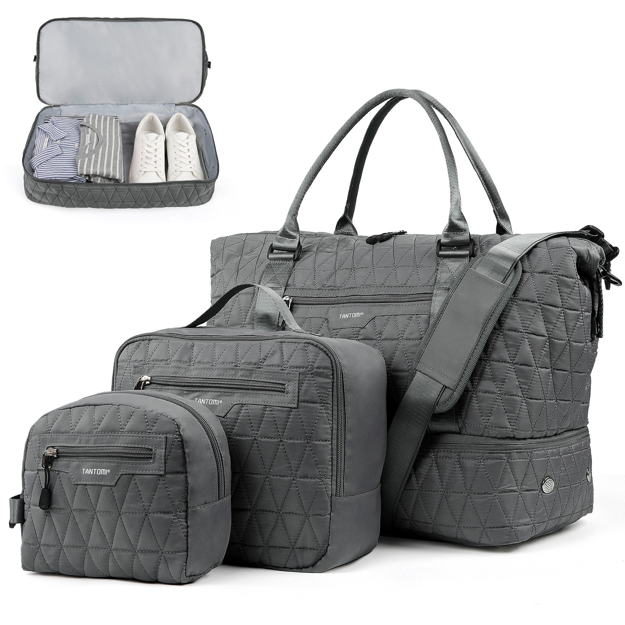TANTOMI Reisetasche 3-Tlg Set Reisetasche Groß, Weekender Handgepäck Tasche (Erweiterbares Weekender Bag mit Nassfach), Leichte Travel Bag mit Schuhfach Kulturbeutel