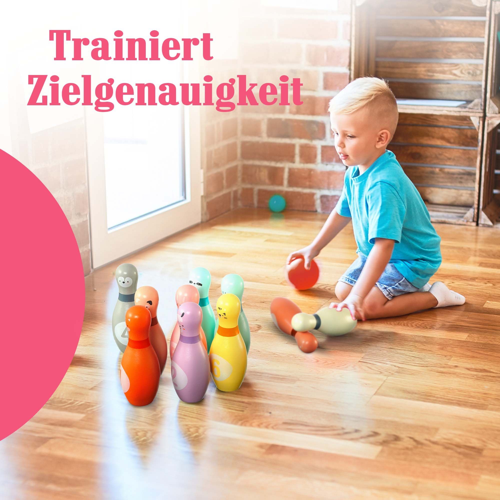 Pink Papaya Spiel Kegelspiel für Kinder Kids Bowling Set, Familienspiel, Indoor & Outdoor, Robust und liebvevoll gestaltet