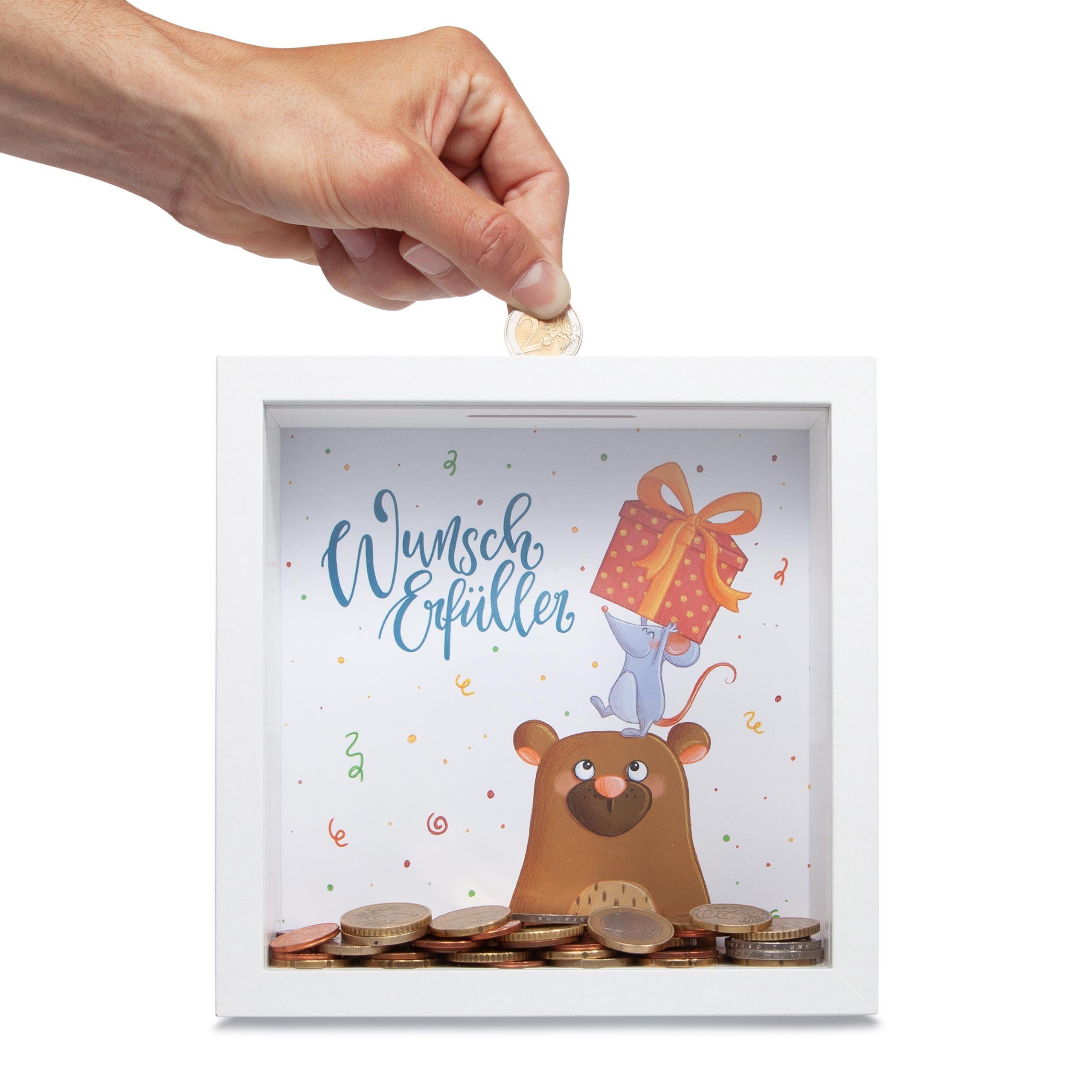 GLÜCKSWOLKE Spardose mit 9 Motive zur Auswahl, (Wunscherfüller, Dream Big, Lebensbaum, Travel, Hochzeit, Sparschwein, Mäuse, Monster, Dschungel, Kinder), Geldgeschenke Verpackung für Geburtstag I Sparbüchse Junge & Mädchen