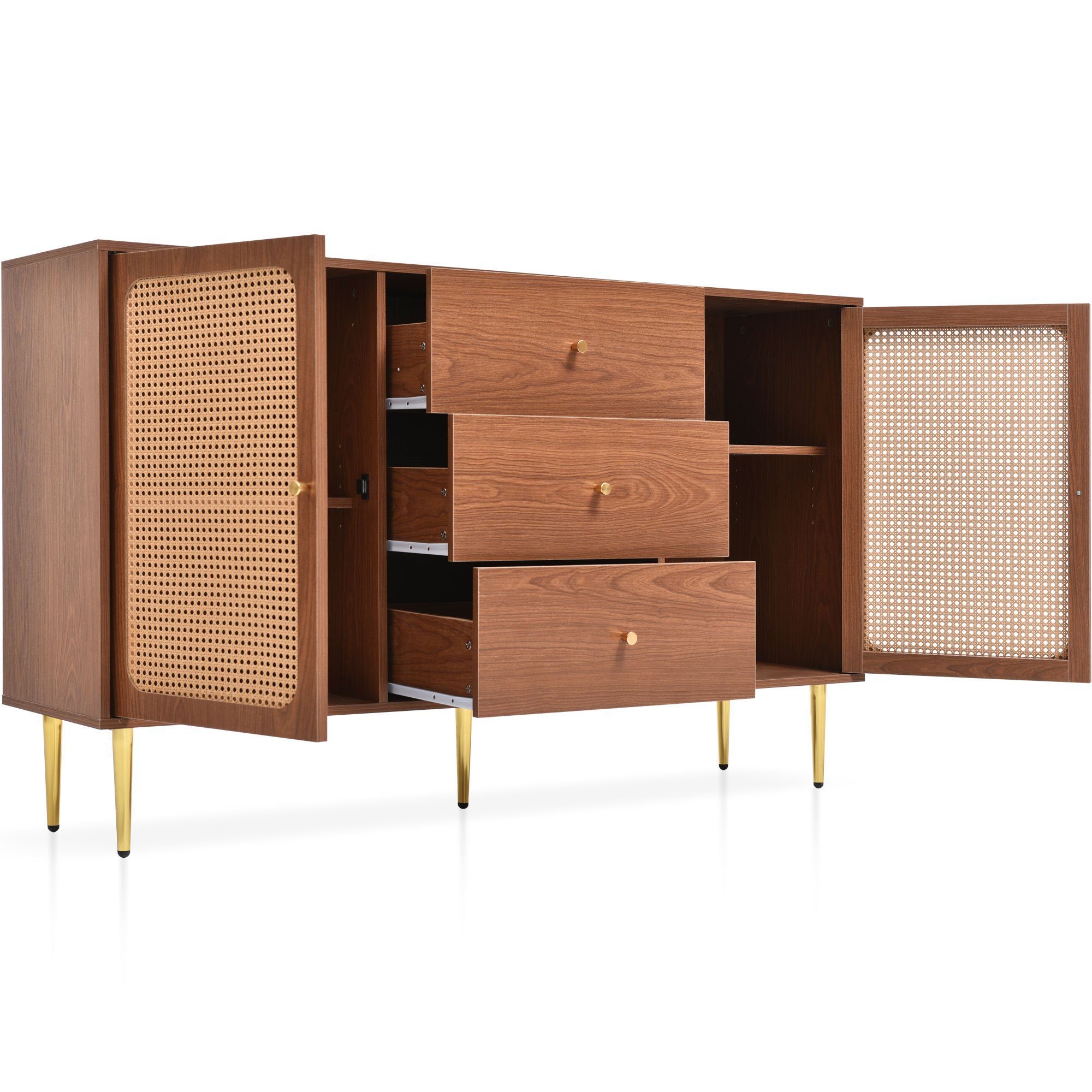 Kommode (Schubladenkommode), Sideboard mit 2 Türen und 3 Schubladen, Rattan, 150x40x90cm