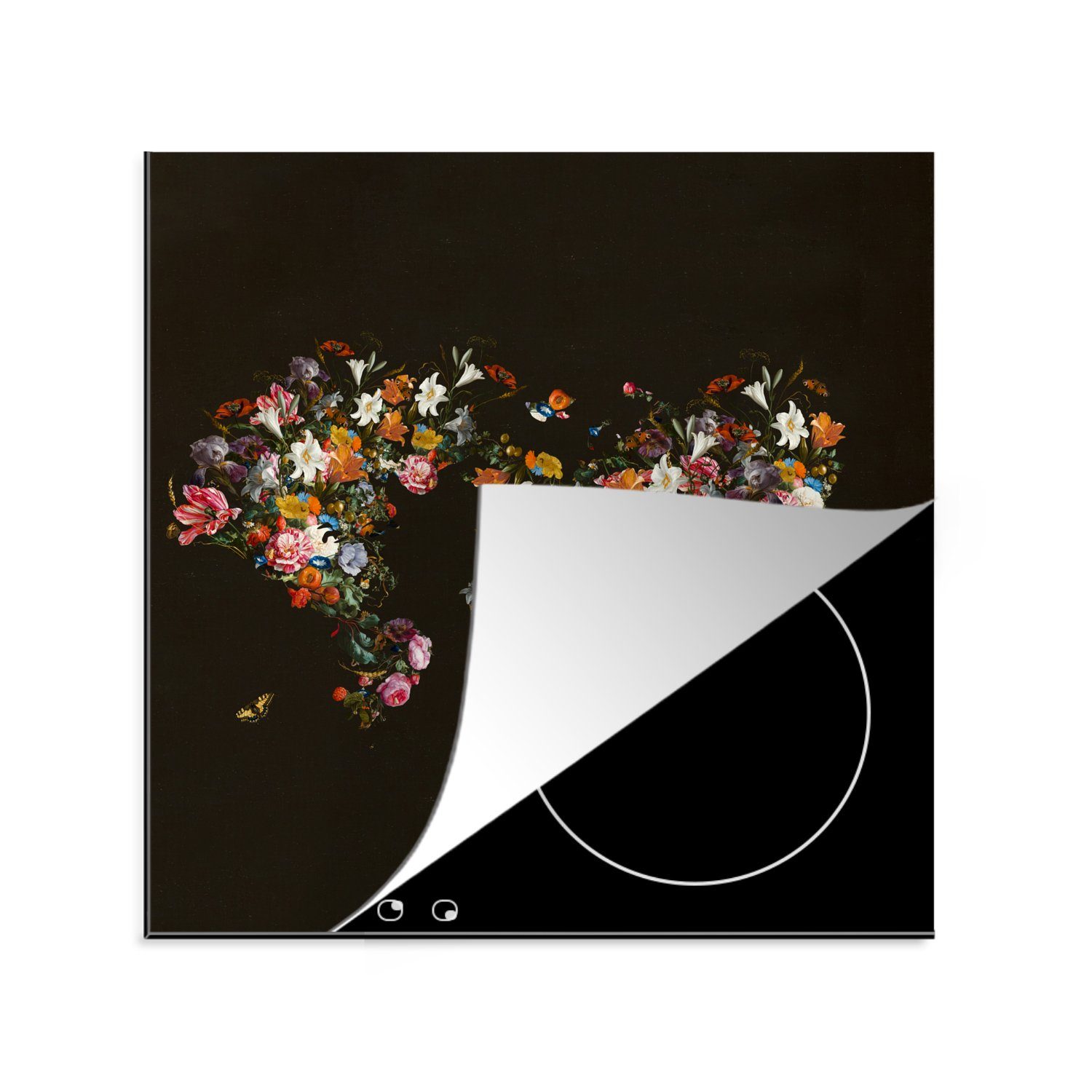 MuchoWow Herdblende-/Abdeckplatte Weltkarte - Rosen - Lilie - Blumen, Vinyl, (1 tlg), 78x78 cm, Ceranfeldabdeckung, Arbeitsplatte für küche