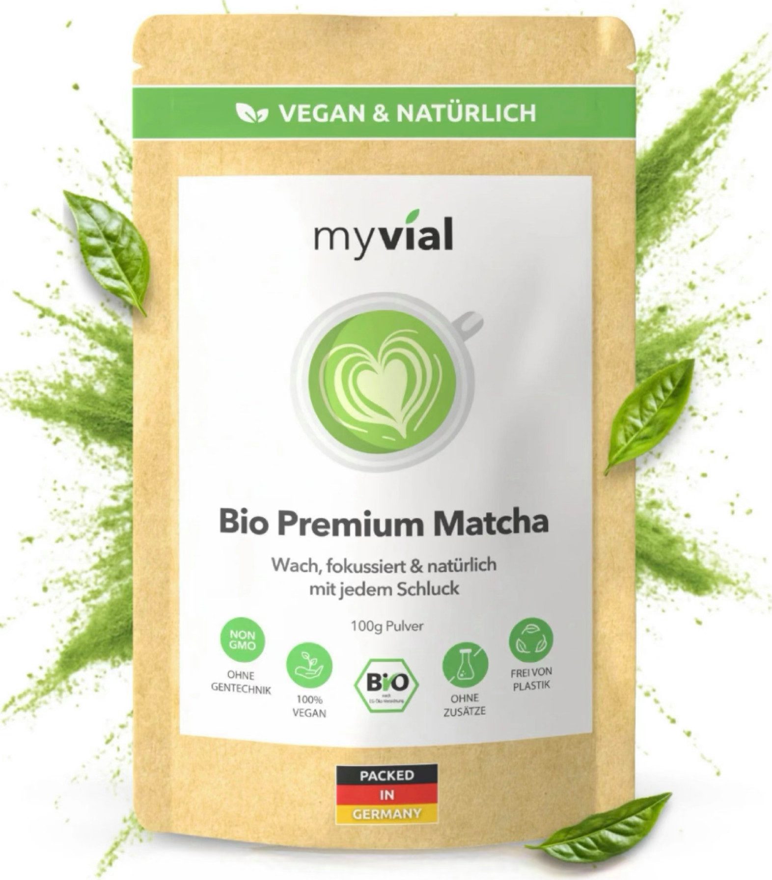 myvial Tee Erlesener Premium Bio Matcha Tee aus Japan Kagoshima steinvermahlen, 100 g, (100g, aromatisch, plastikfrei verpackt, vegan), Matcha Pulver, Grüner Tee, traditionell, extra fein gemahlen